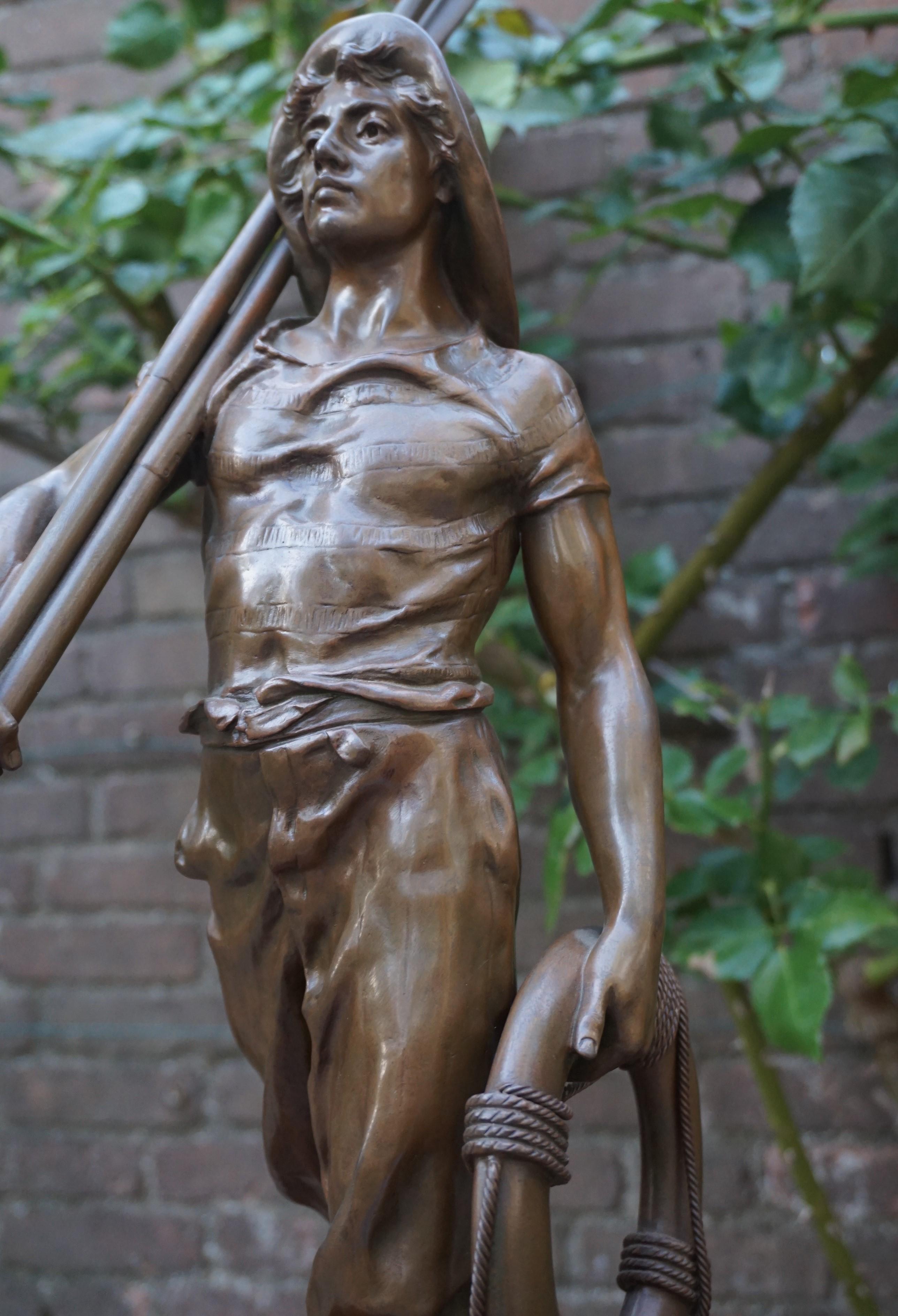 French Antique Large, Bronze & Stout-Hearted Young Oarsman Sculpture by Antoine Bofill