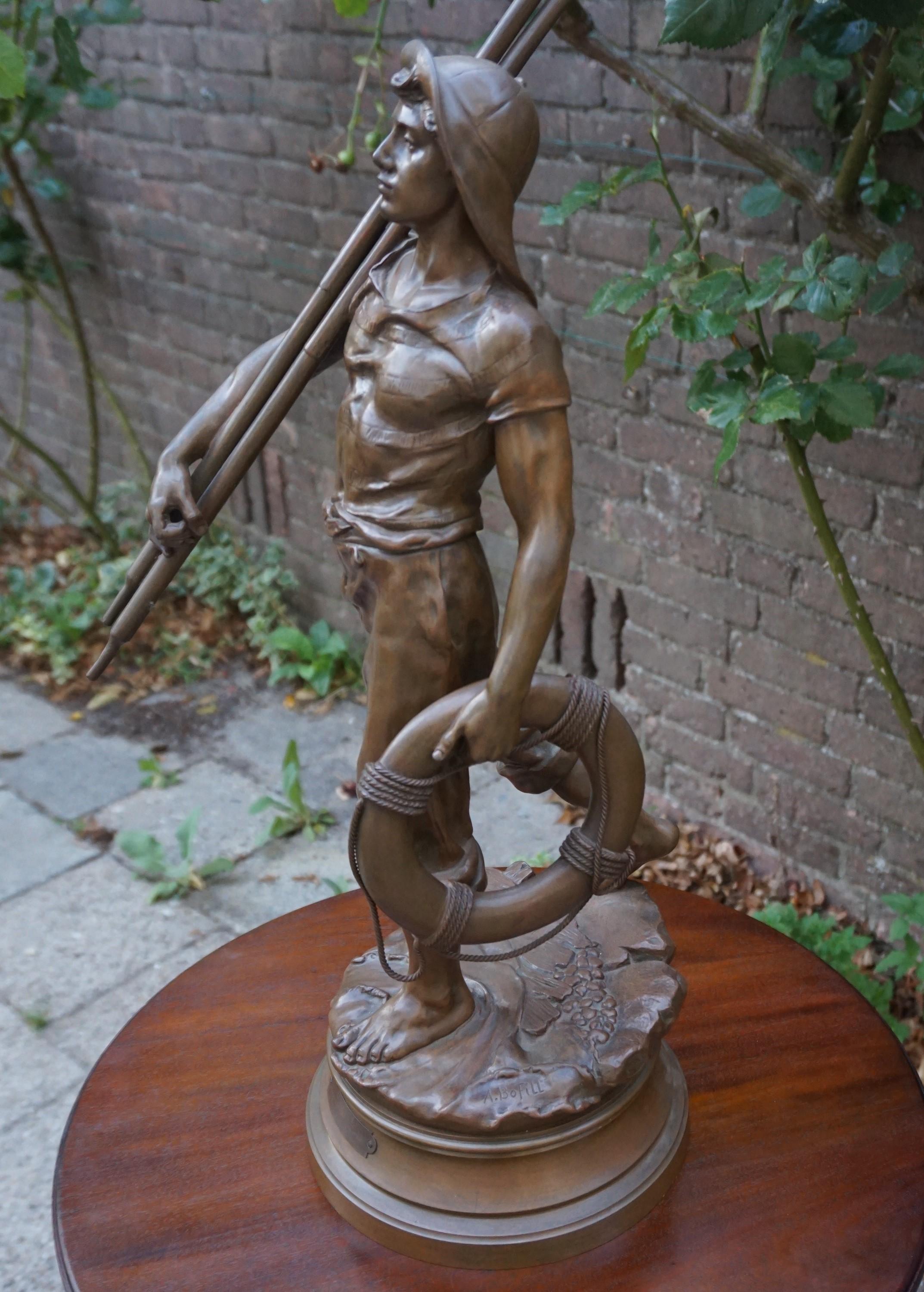 Patinated Antique Large, Bronze & Stout-Hearted Young Oarsman Sculpture by Antoine Bofill