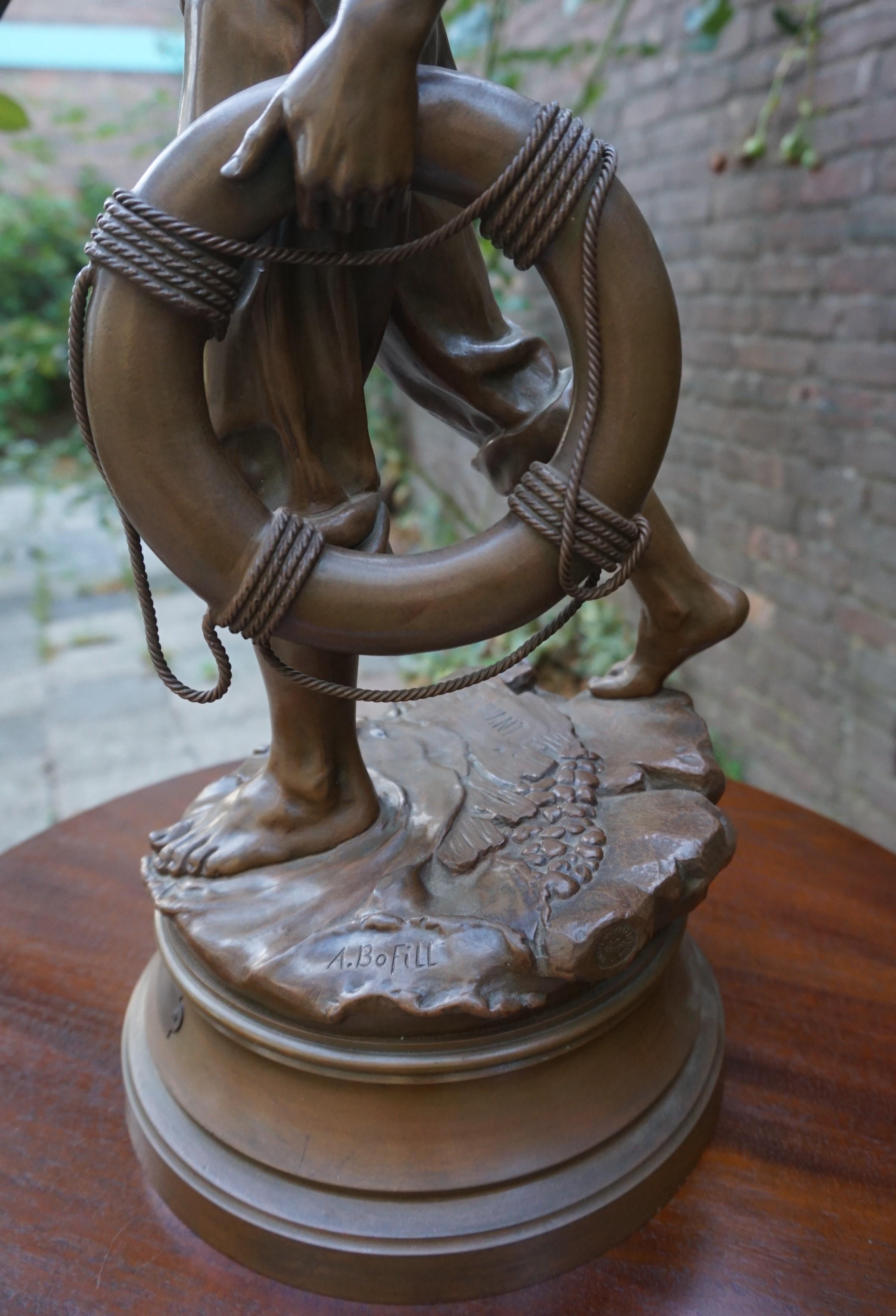 20th Century Antique Large, Bronze & Stout-Hearted Young Oarsman Sculpture by Antoine Bofill