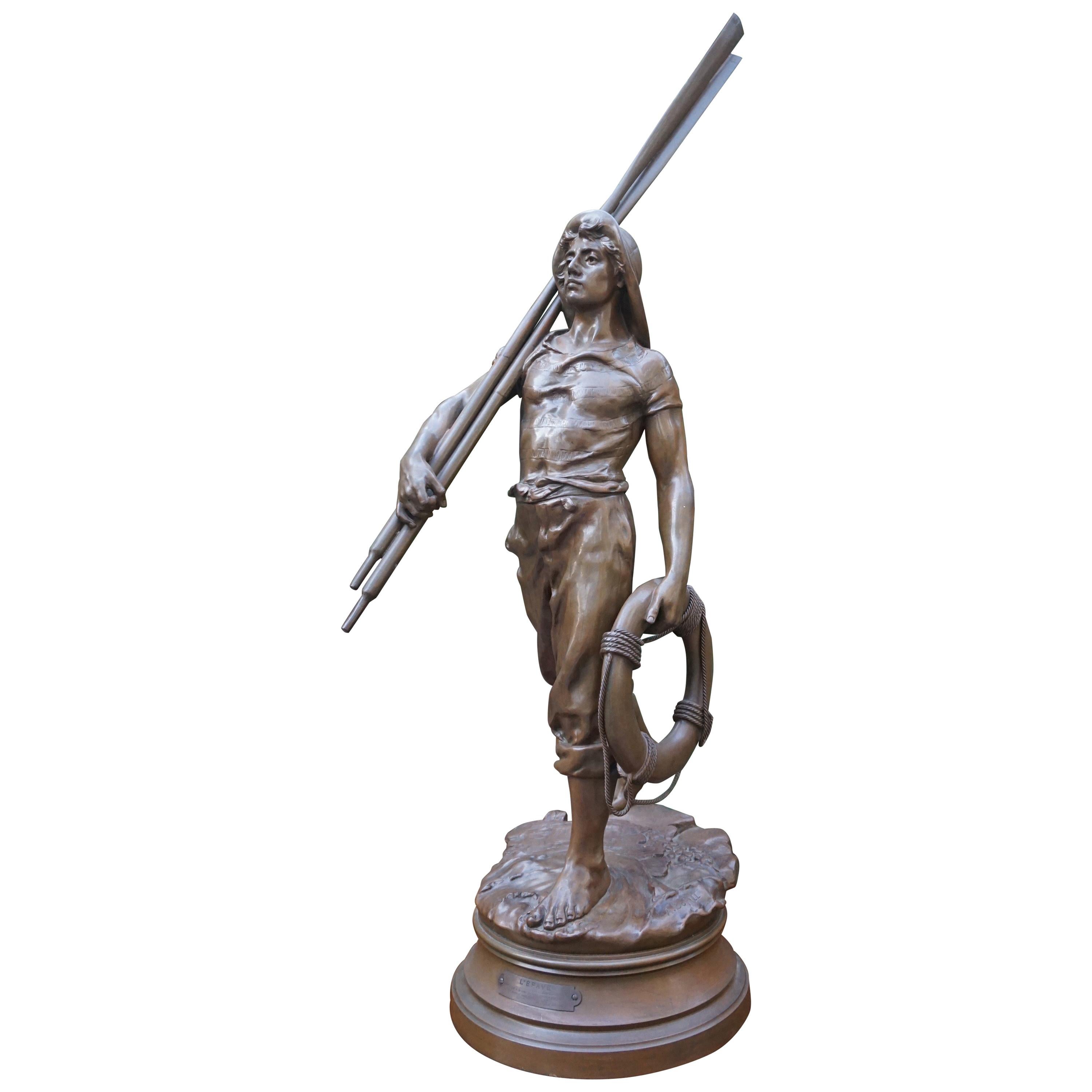 Antique Large, Bronze & Stout-Hearted Young Oarsman Sculpture by Antoine Bofill