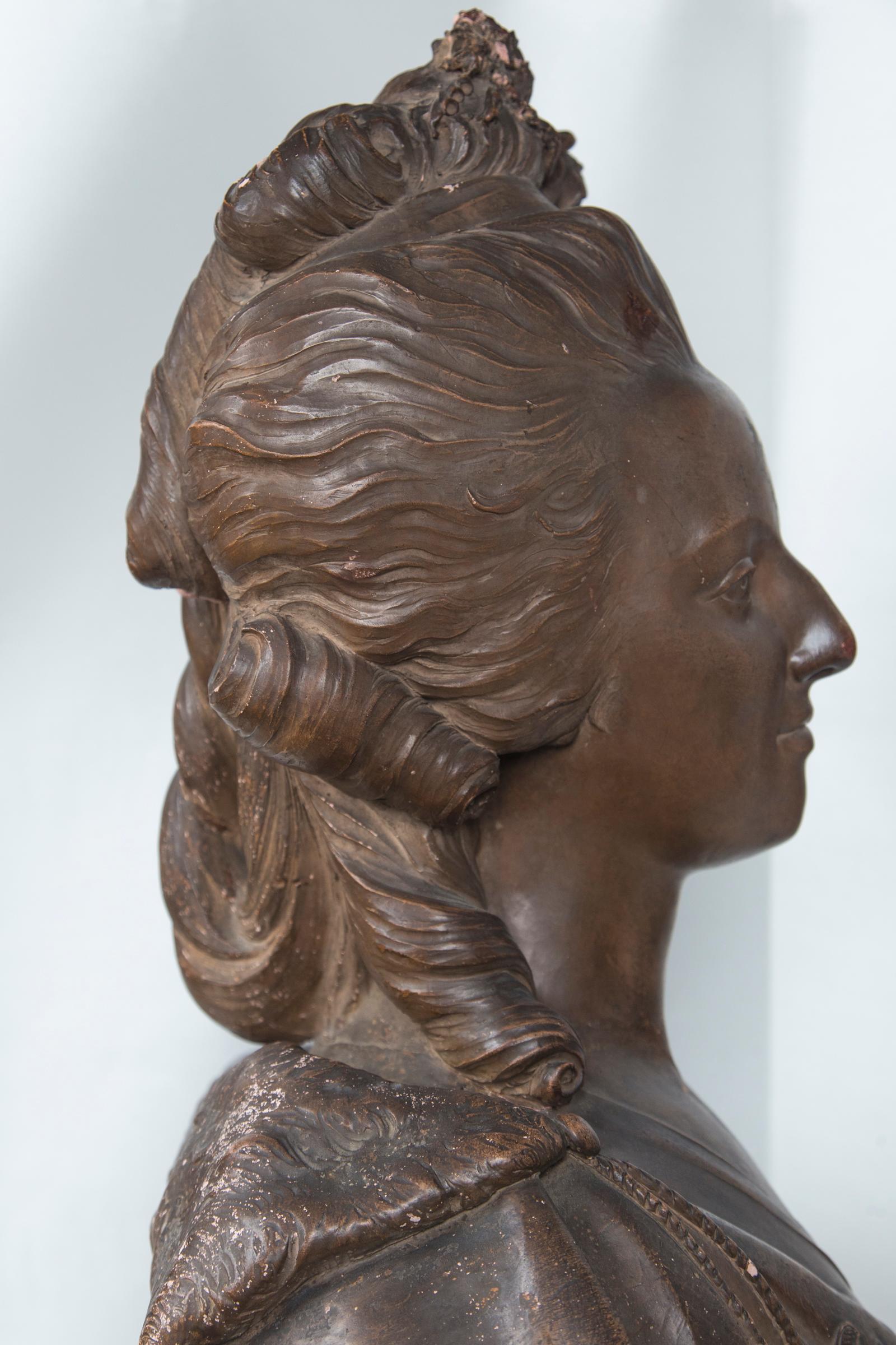 19th Century Antique Large Bust in Terracotta of Marie Antoinette For Sale