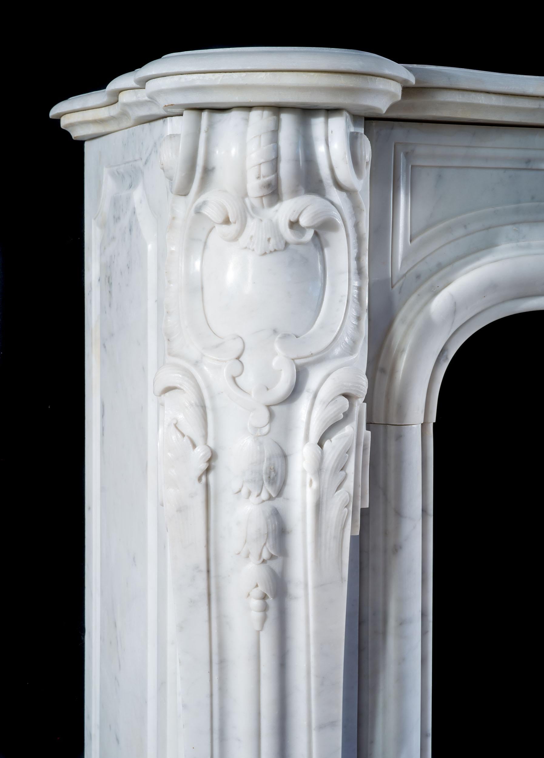 19th Century Antique Large Carrara Marble Rococo Louis XV Fireplace Mantel For Sale