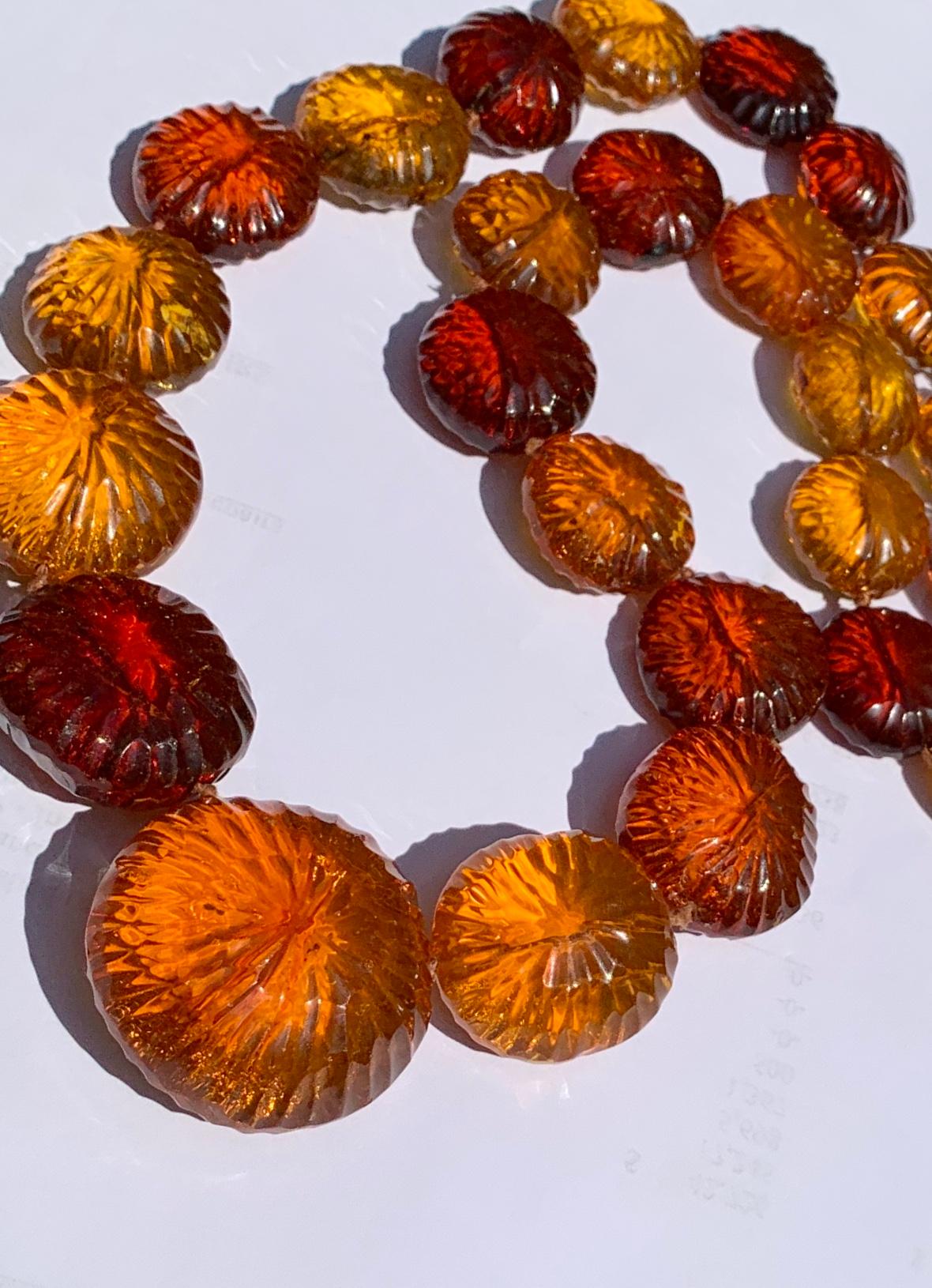 Antique Large Carved Amber Sun Disk Necklace, 18th-19th Century In Good Condition In New York, NY