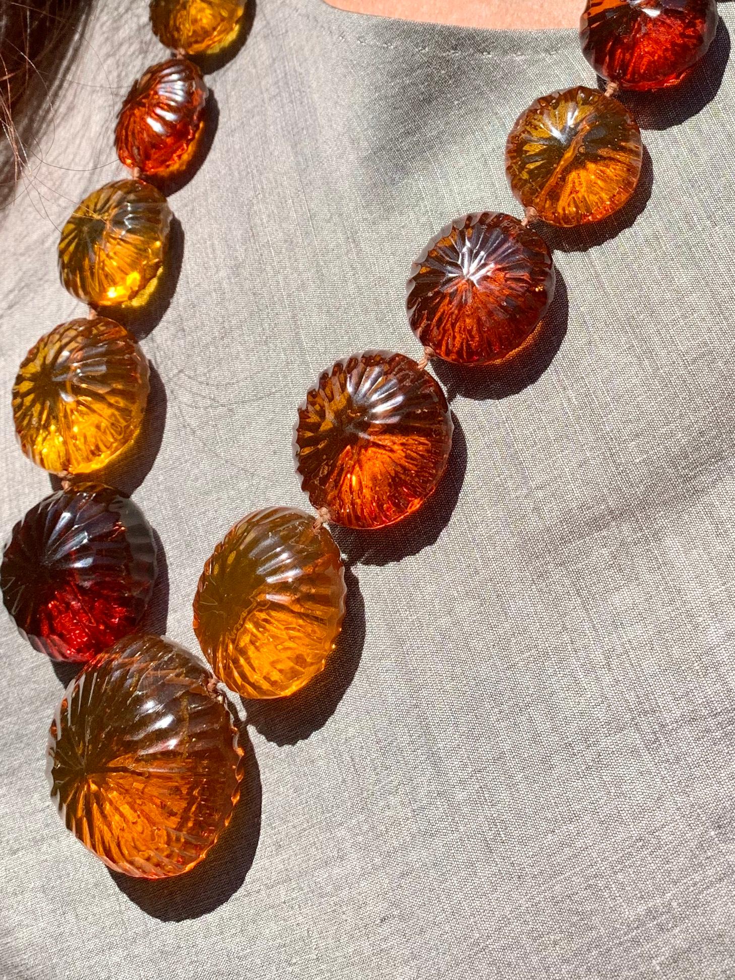 Women's or Men's Antique Large Carved Amber Sun Disk Necklace, 18th-19th Century