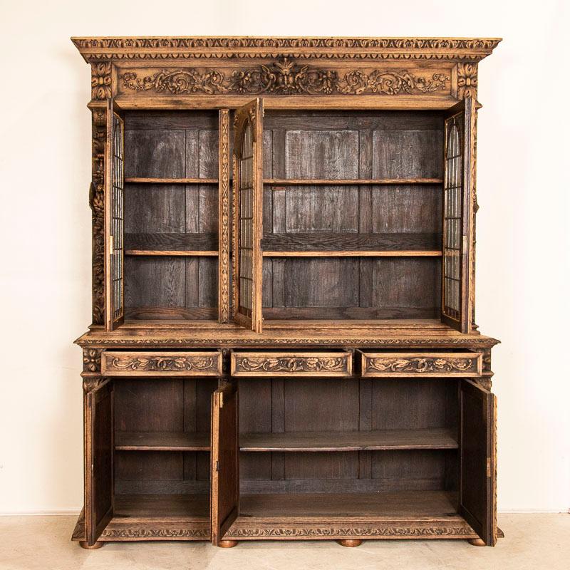 Antique Large Carved Bleached Oak Bookcase Display Cabinet from France In Good Condition In Round Top, TX