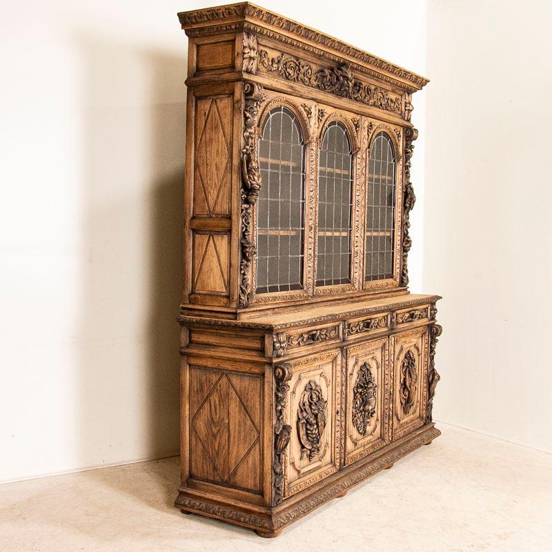 19th Century Antique Large Carved Bleached Oak Bookcase Display Cabinet from France