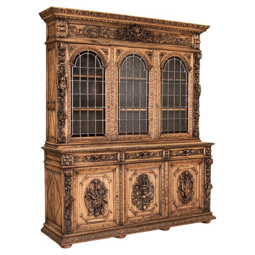 Antique Large Carved Bleached Oak Bookcase Display Cabinet from France