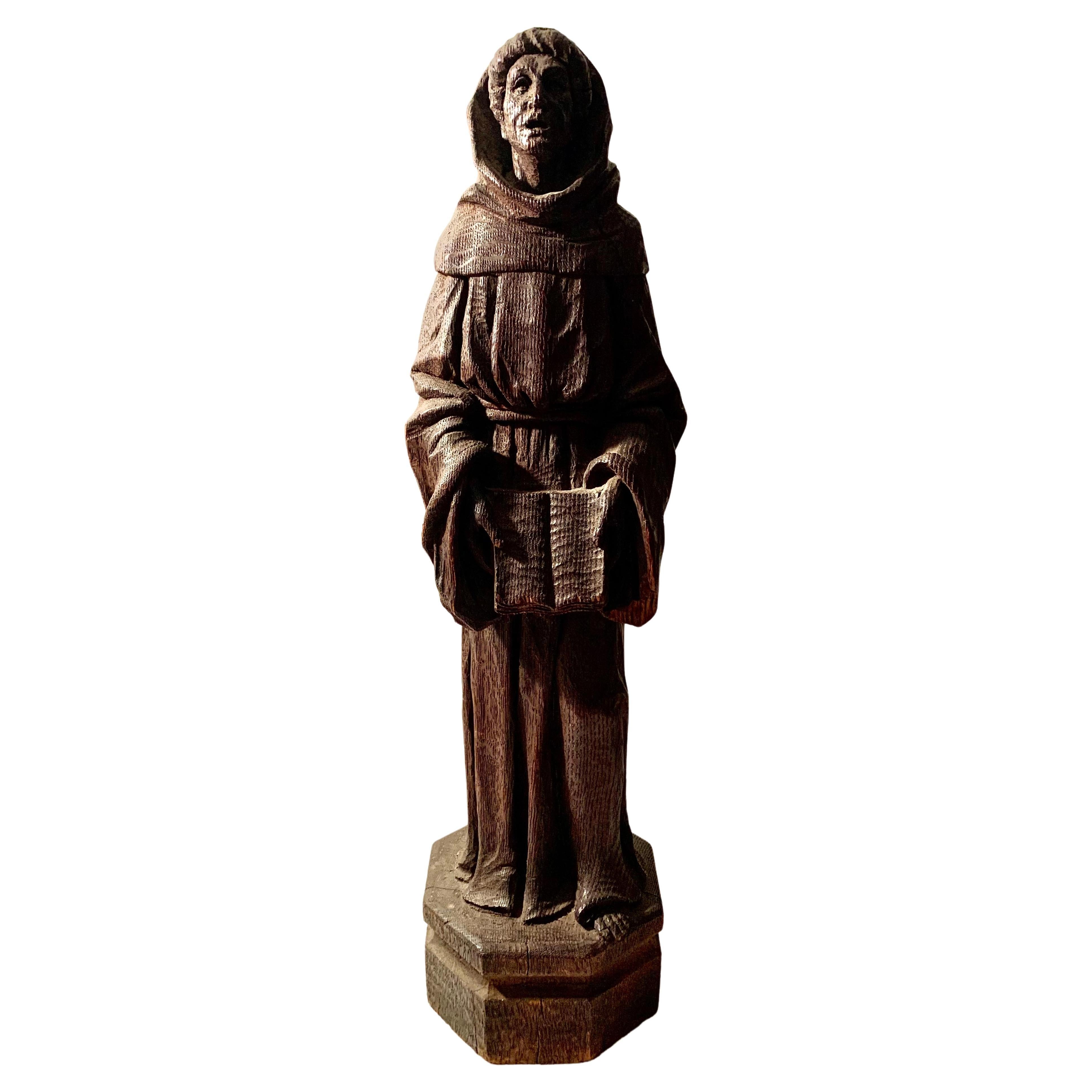 Antique Large Carved Oak Figure of Saint Anthony of Padua, 18th-19th Century