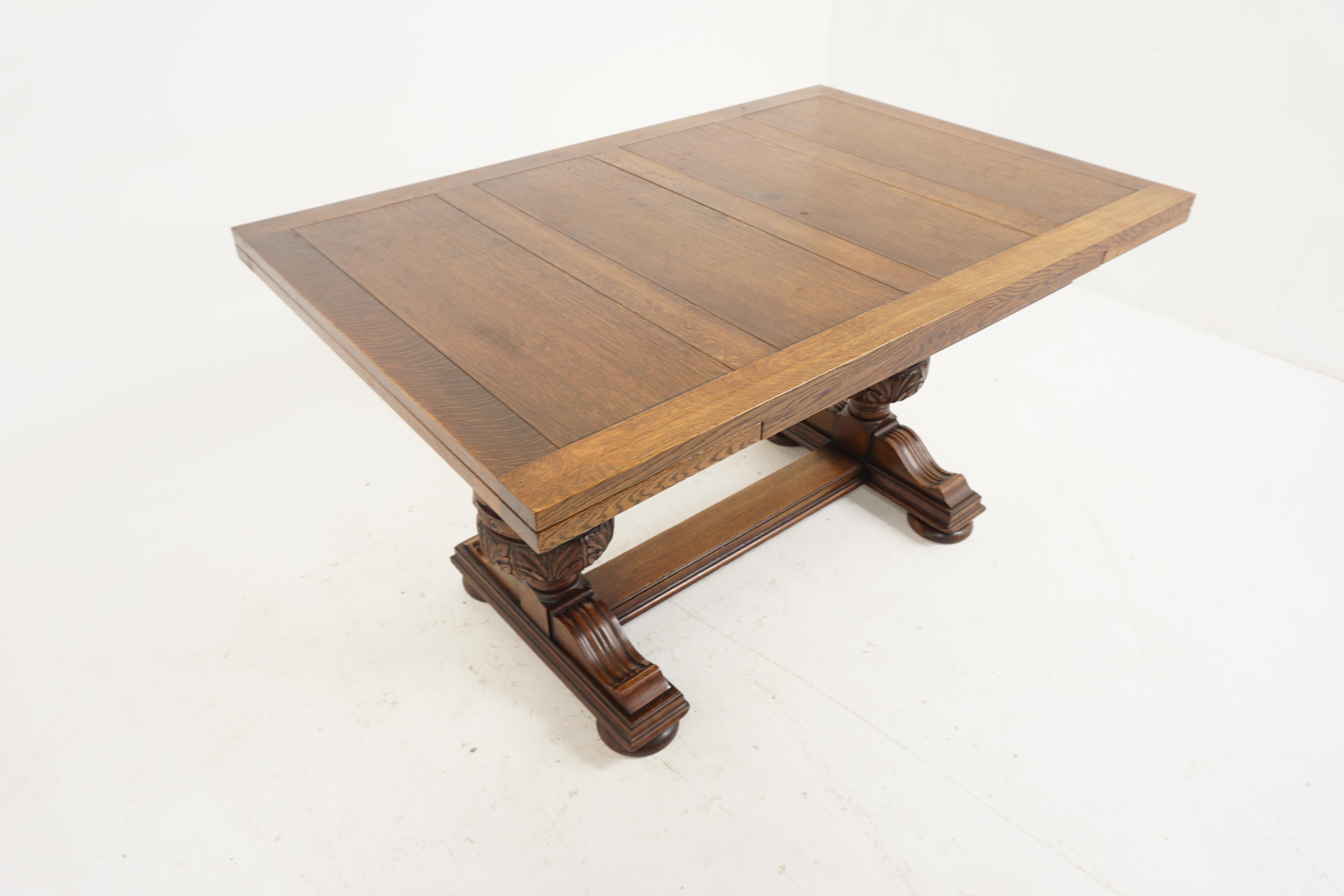 Scottish Antique Large Carved Oak Refectory Draw Leaf Dining Table, Scotland 1920, B2626
