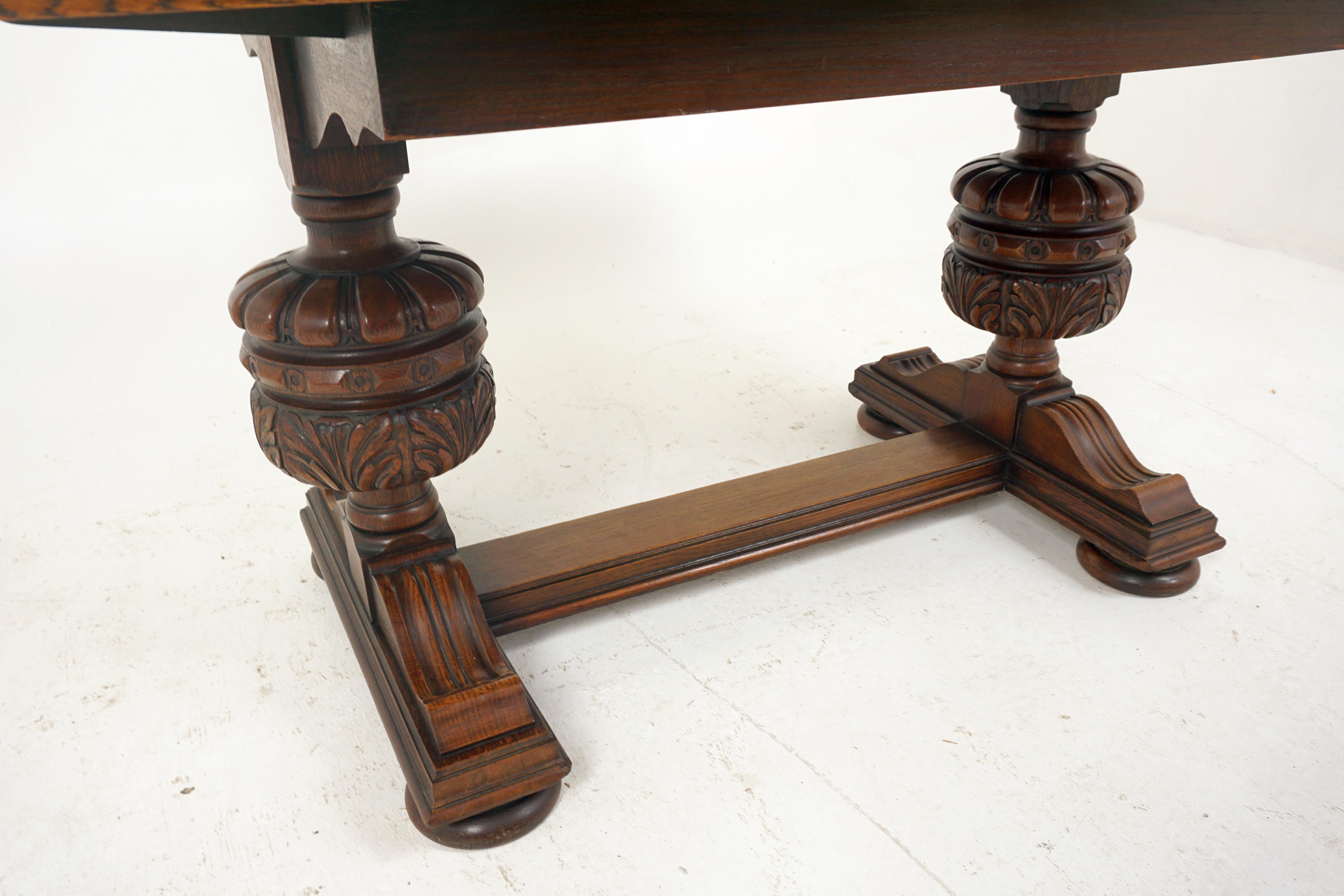 Hand-Crafted Antique Large Carved Oak Refectory Draw Leaf Dining Table, Scotland 1920, B2626