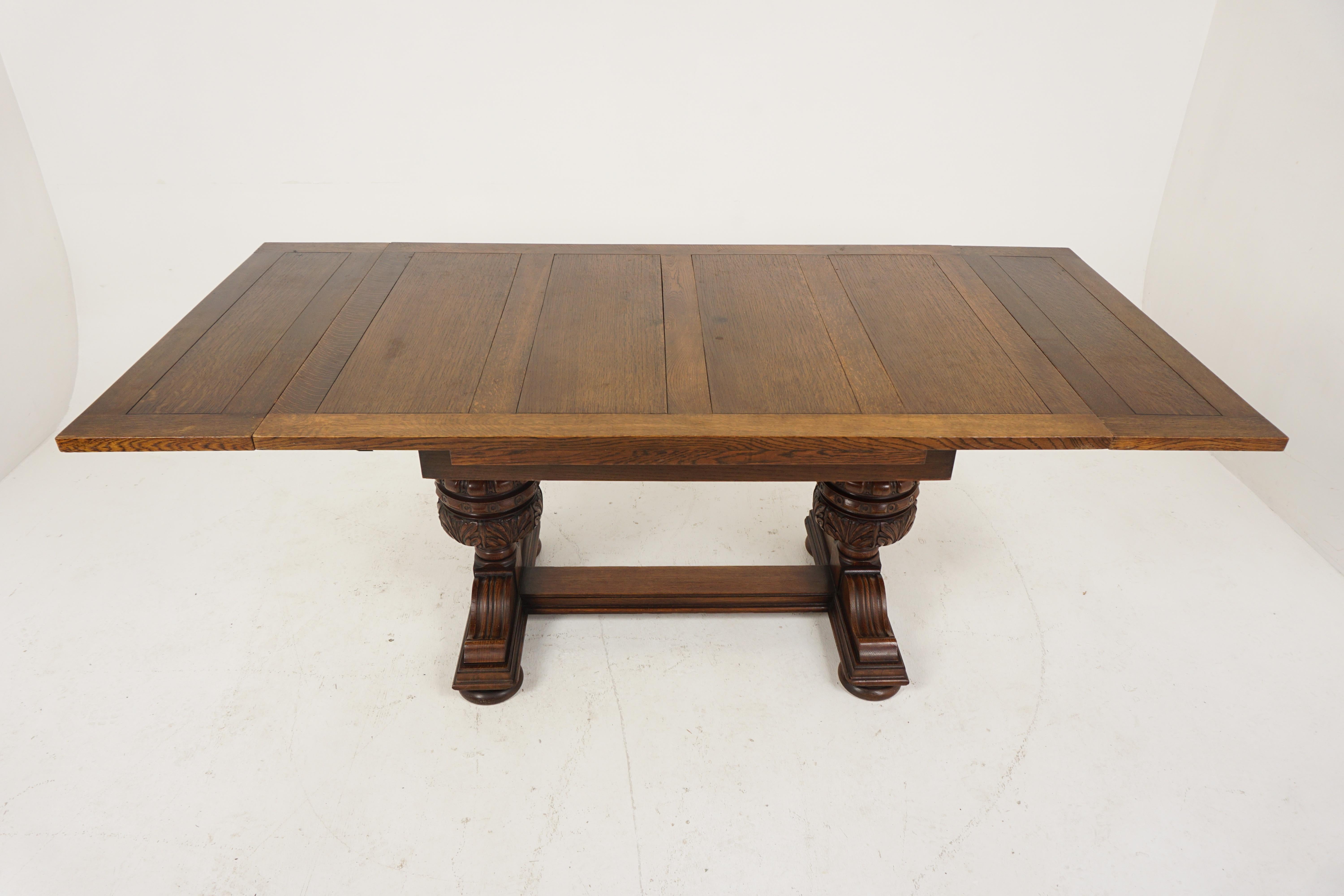 Antique Large Carved Oak Refectory Draw Leaf Dining Table, Scotland 1920, B2626 1