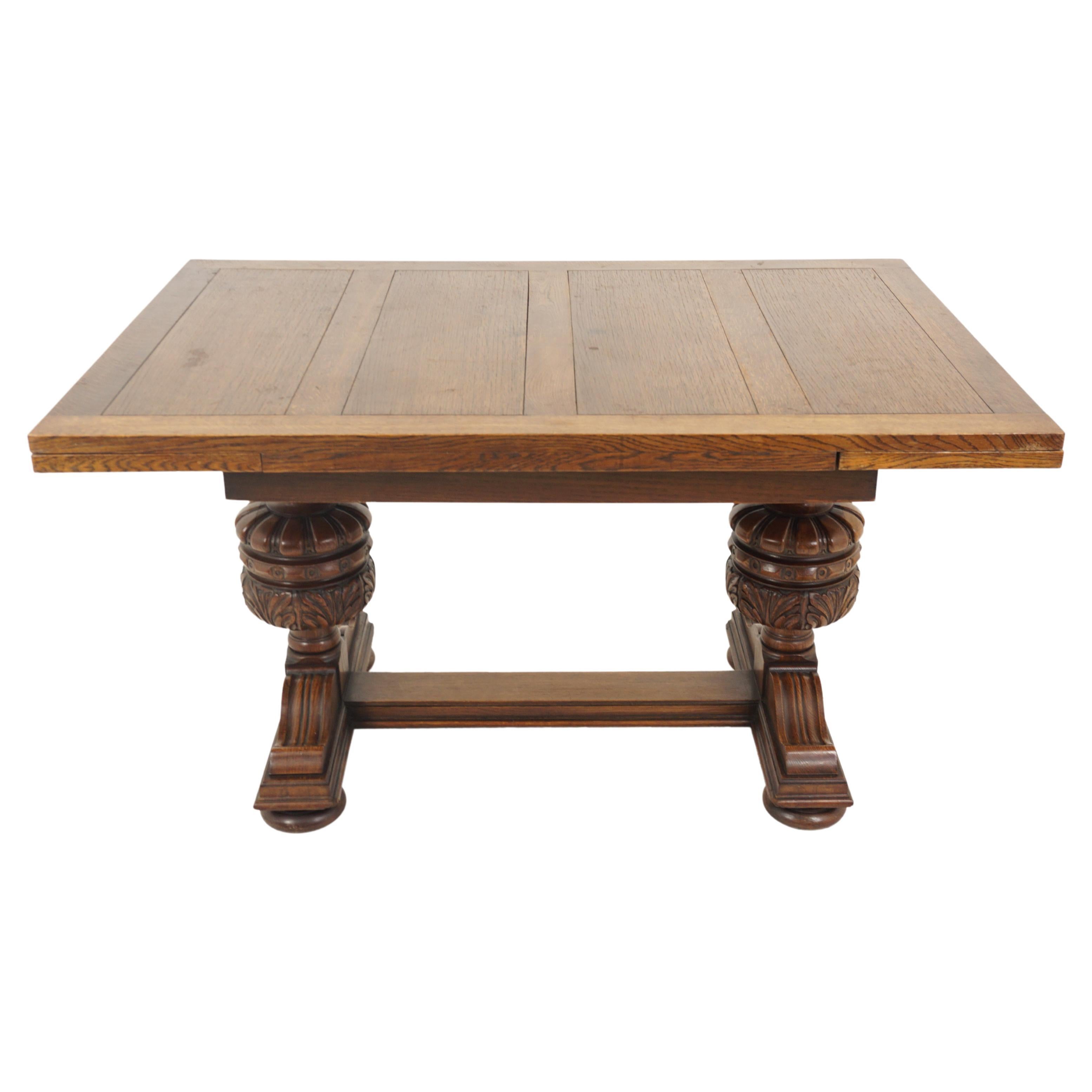 Antique Large Carved Oak Refectory Draw Leaf Dining Table, Scotland 1920, B2626