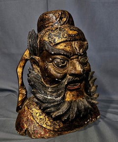 Antique Large Carved Wooden Head "Image of Kuan Ti", China. 18th century.