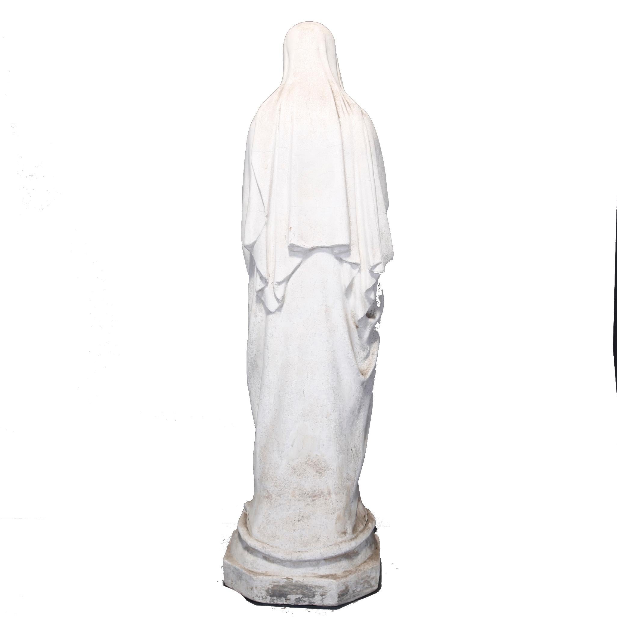 Antique Large Cast Hard Stone Sculpture Mother Mary with Serpent Underfoot In Good Condition In Big Flats, NY