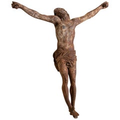 Antique grand crucifix en fonte avec patine d'ancienneté rouillée:: France
