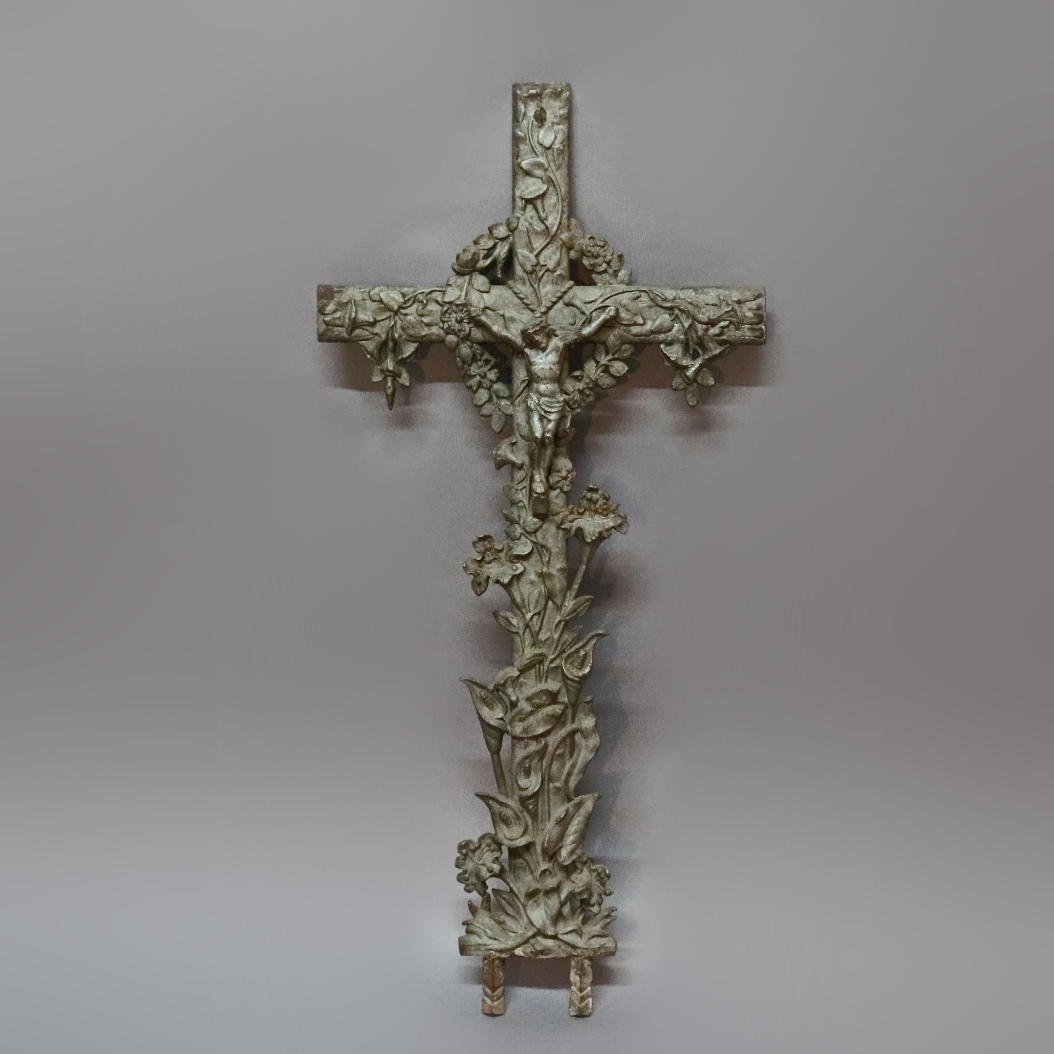 American Antique Large Cast Iron High Relief Garden Crucifix, circa 1900