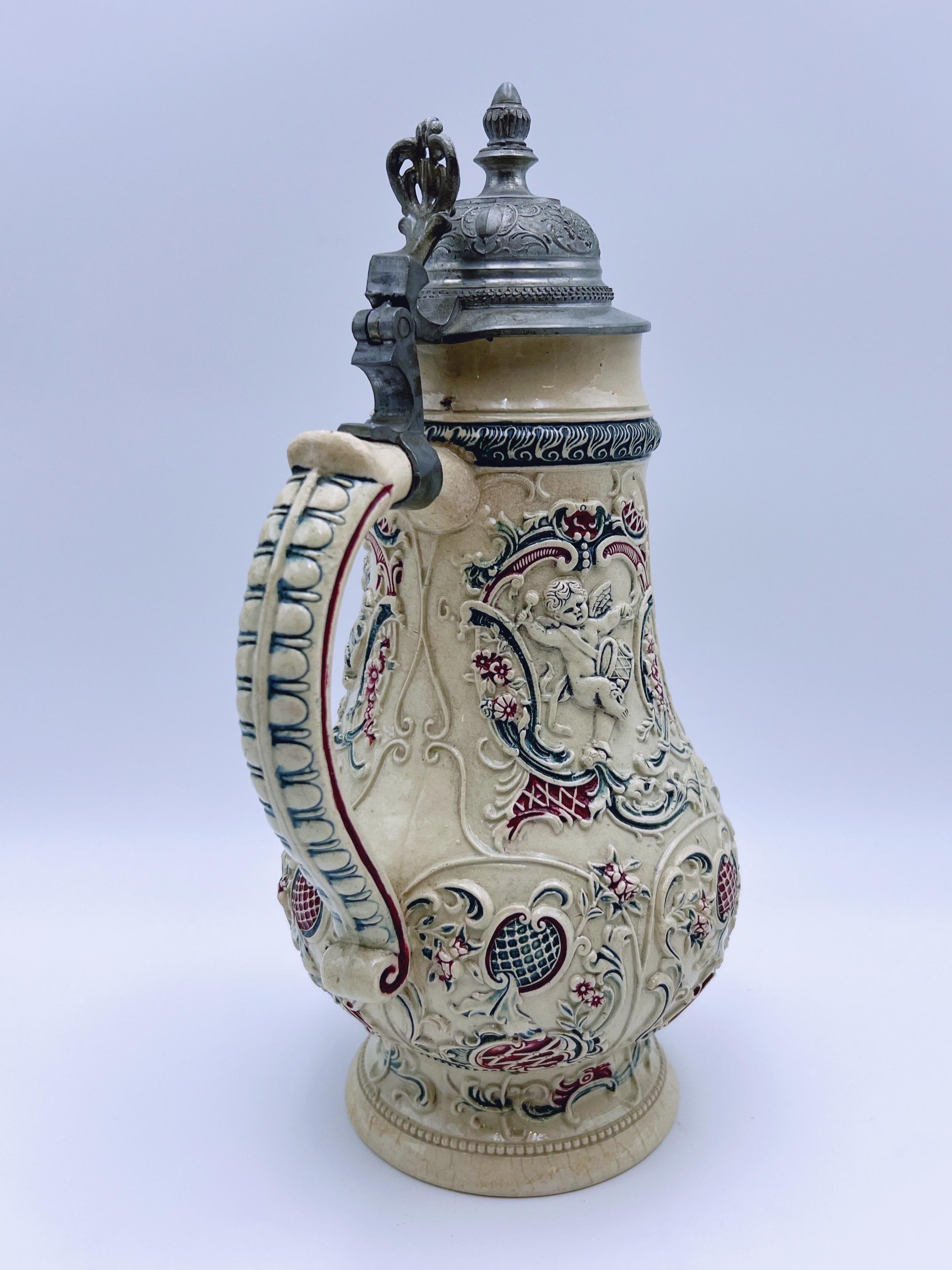 Antique Large Ceramic Tankard with relief Wedding motif In Good Condition For Sale In Skien, NO
