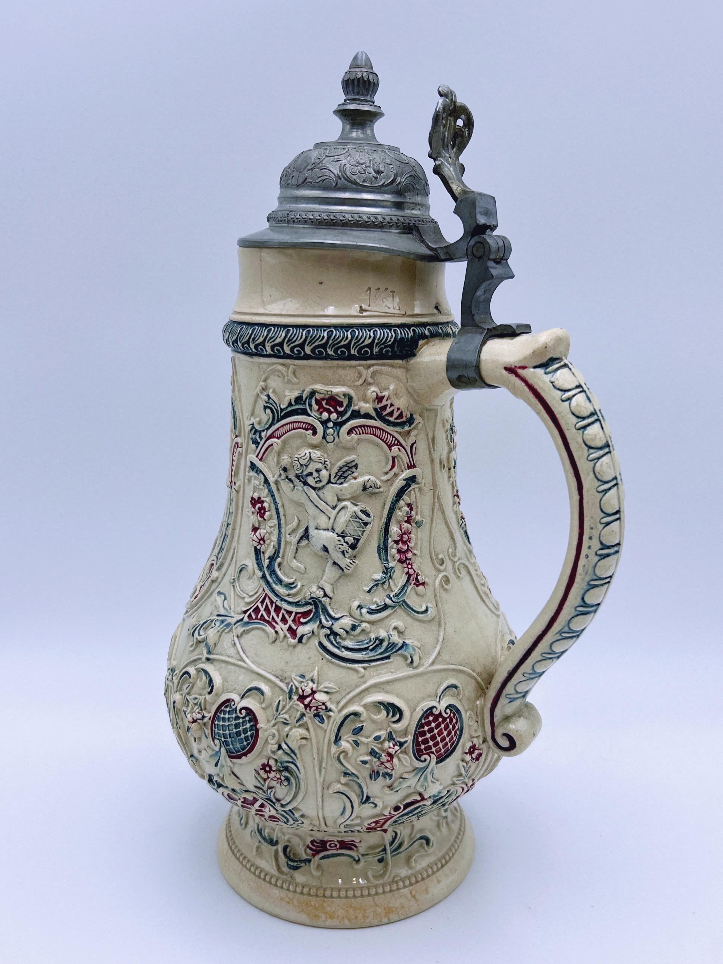 20th Century Antique Large Ceramic Tankard with relief Wedding motif For Sale