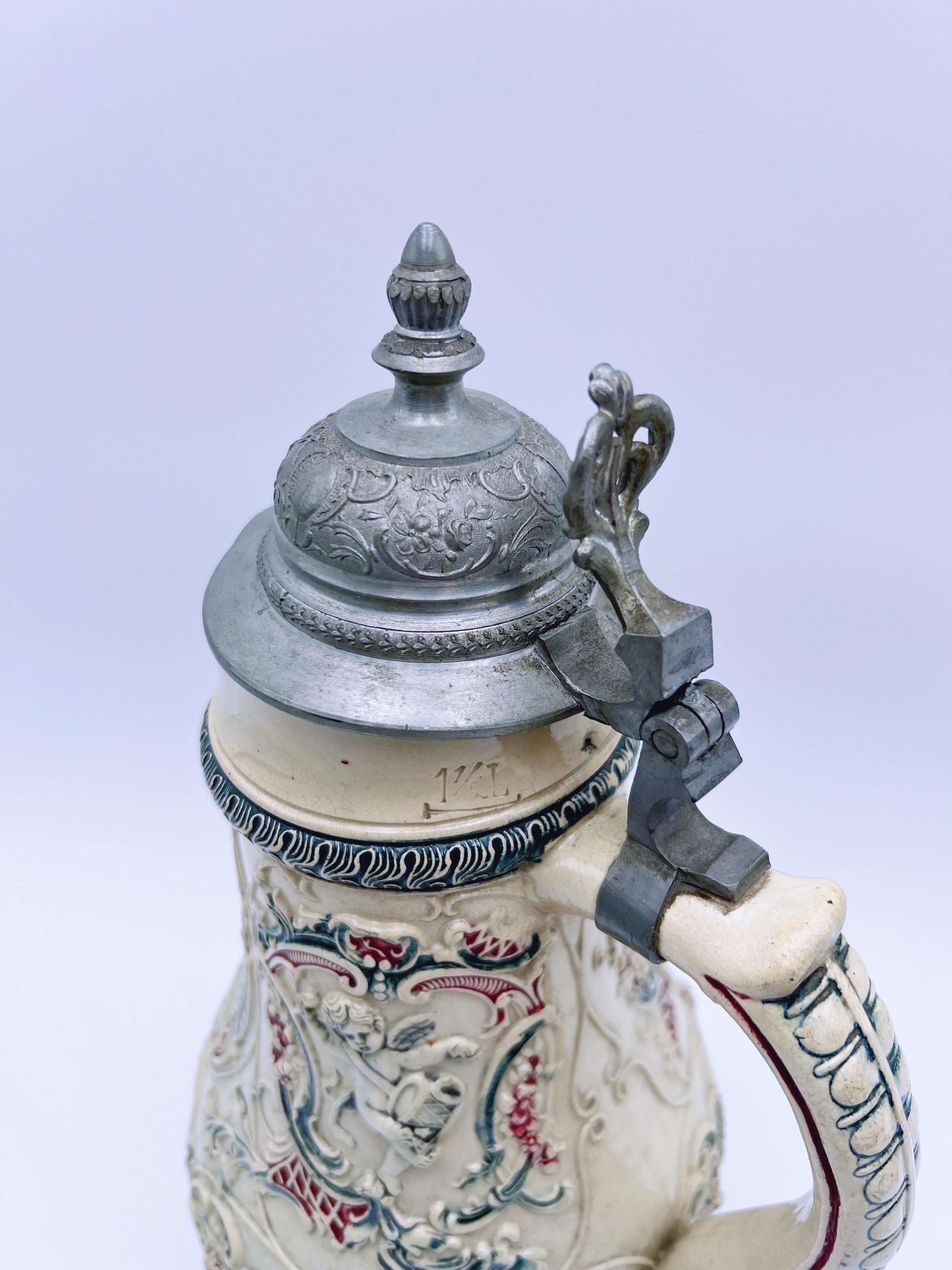 Antique Large Ceramic Tankard with relief Wedding motif For Sale 1