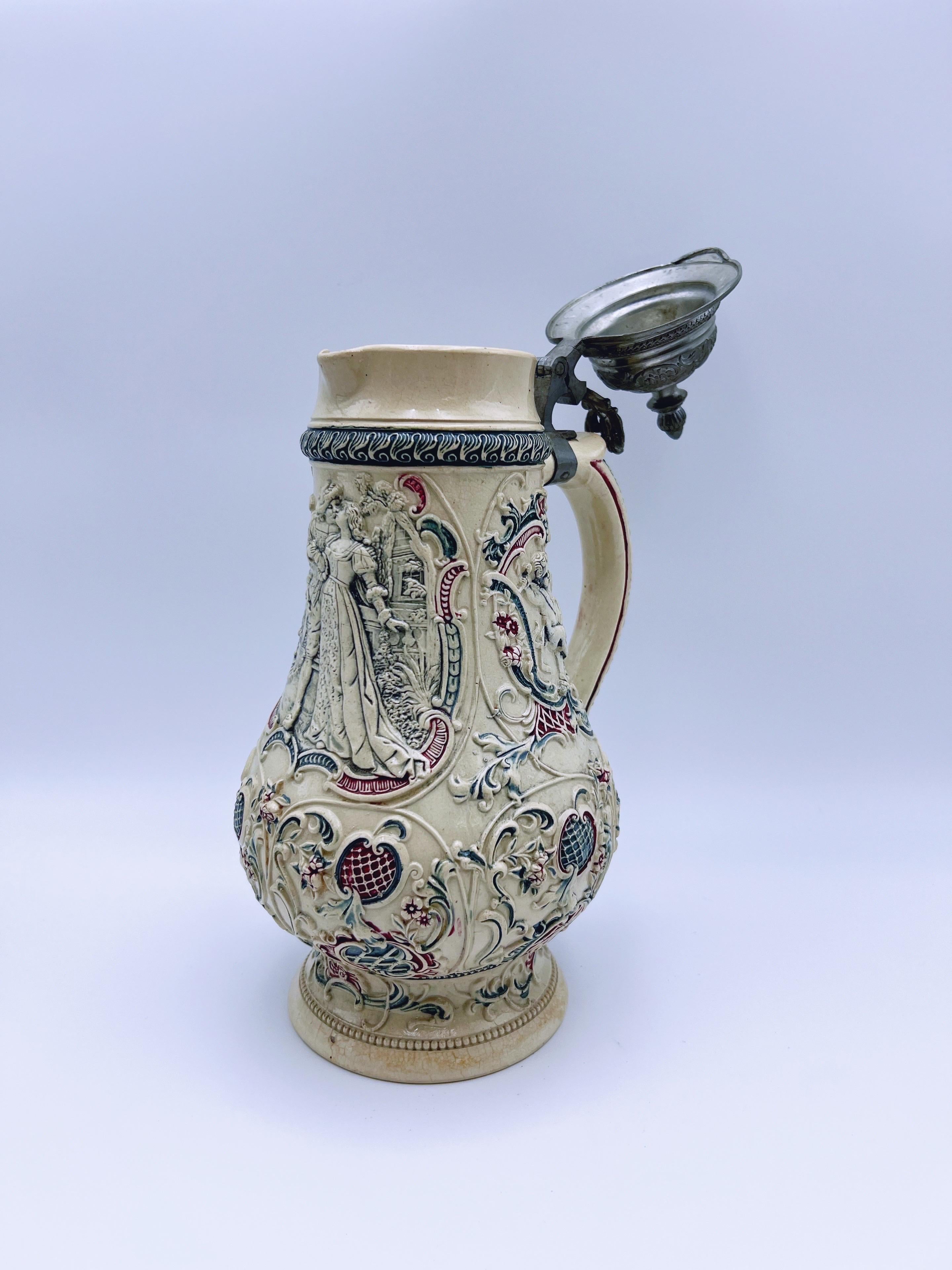 Antique Large Ceramic Tankard with relief Wedding motif For Sale 2