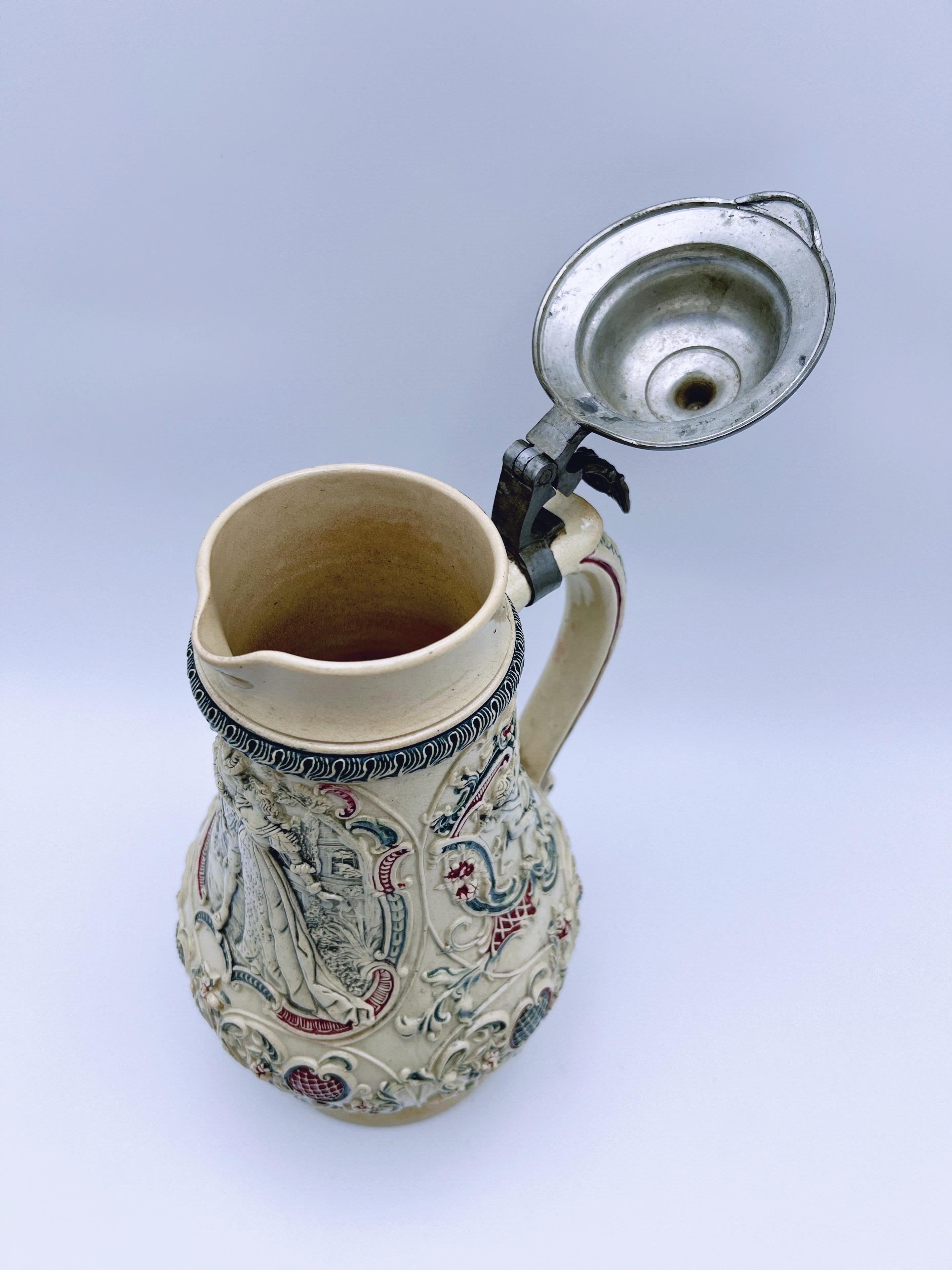 Antique Large Ceramic Tankard with relief Wedding motif For Sale 3