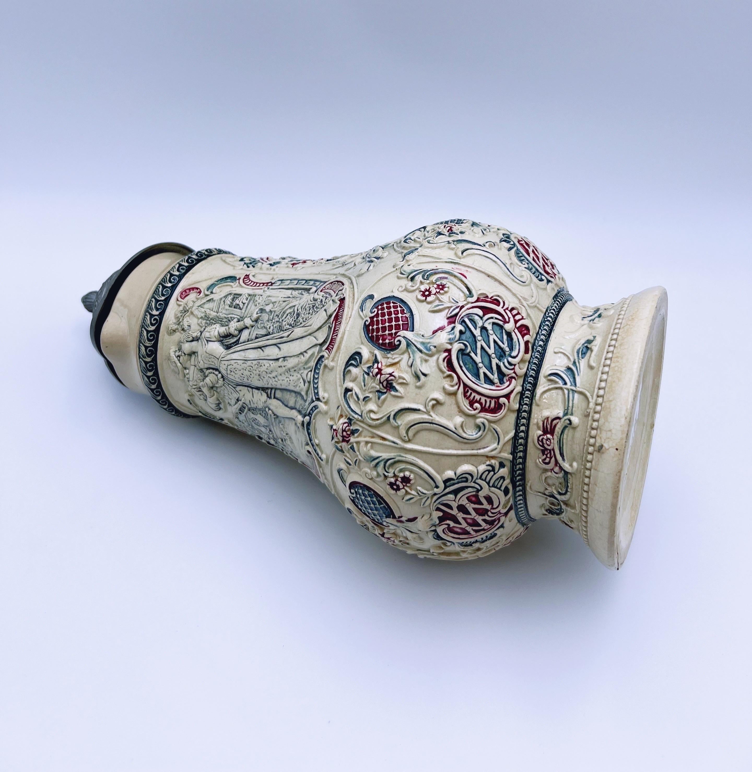 Antique Large Ceramic Tankard with relief Wedding motif For Sale 4