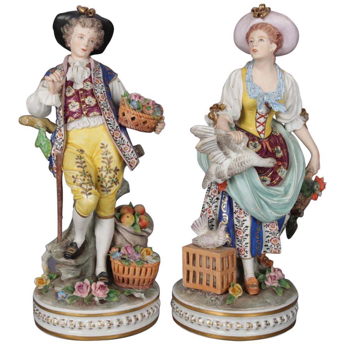 Antique Large Chelsea School Hand Painted Porcelain Courting Couple Figures 1890