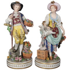 Antike, große, handbemalte Chelsea-Schule-Porzellanfiguren, Paar, 1890