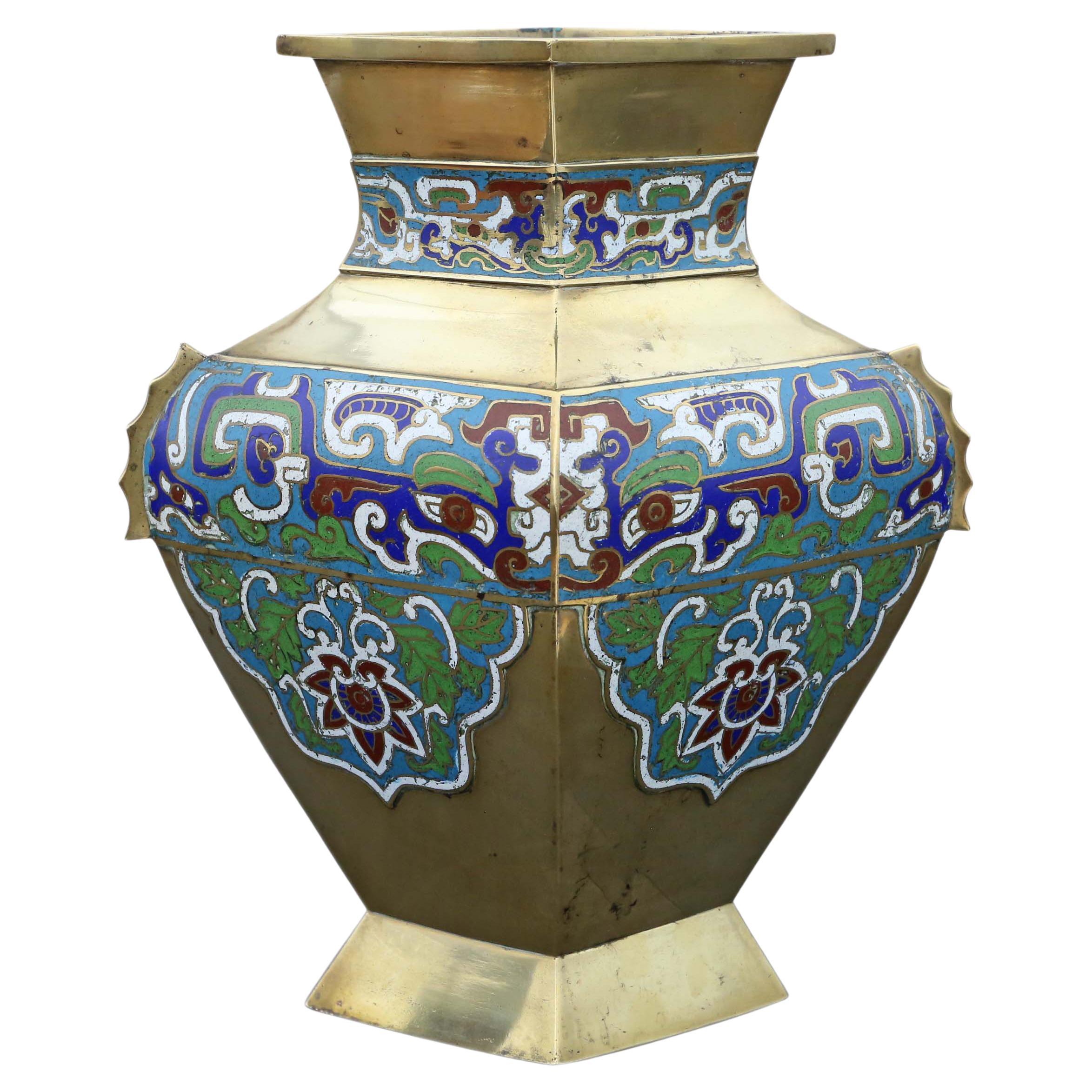 Antique Large Chinese Brass Bronze Champleve Enamel Vase