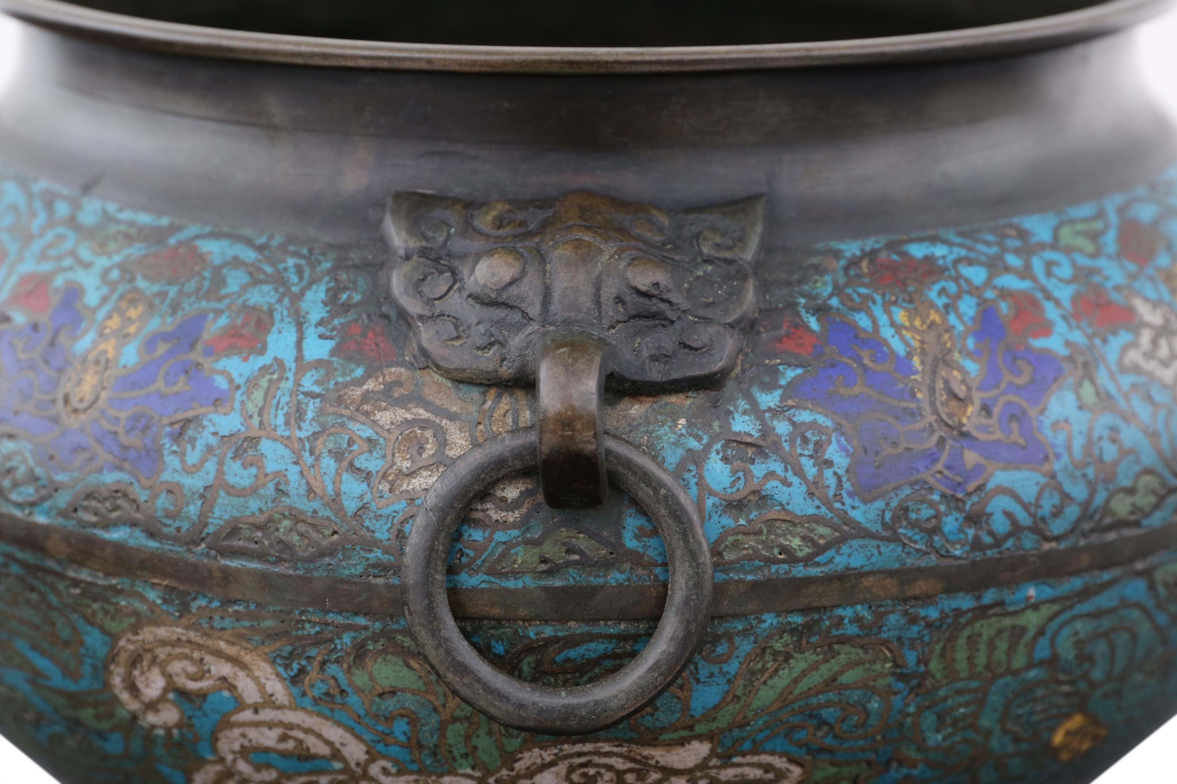 19th Century Antique Large Chinese Bronze Champlevé Planter Bowl For Sale