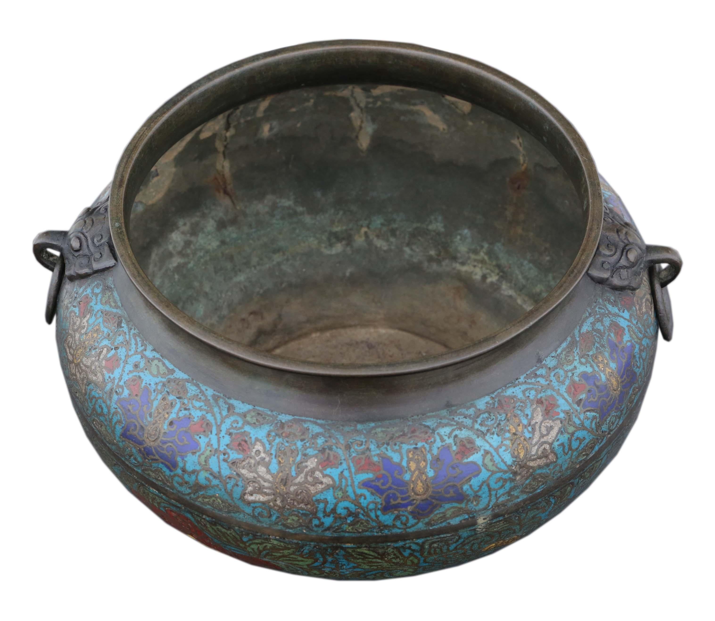 Antique Large Chinese Bronze Champlevé Planter Bowl For Sale 1