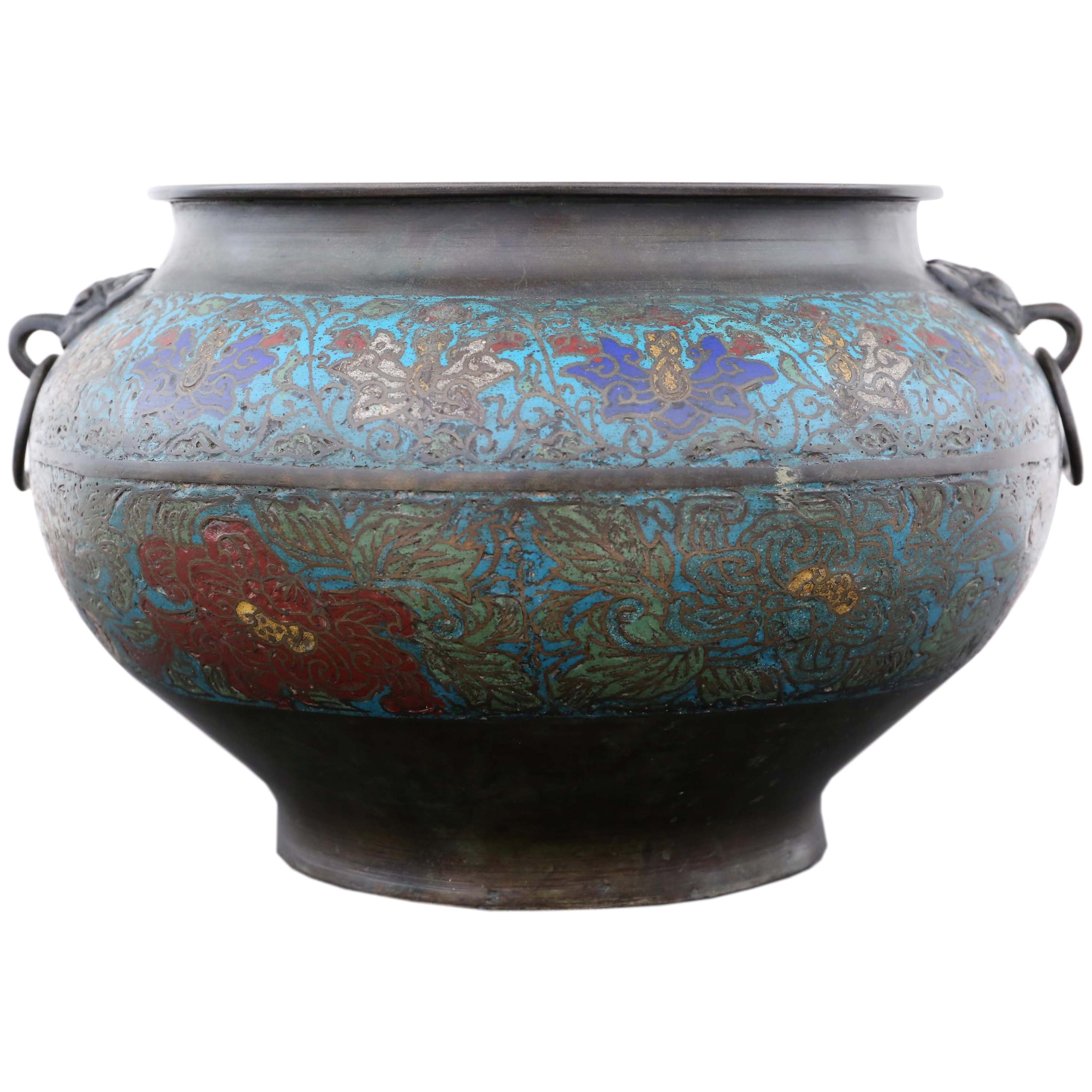 Antique Large Chinese Bronze Champlevé Planter Bowl For Sale