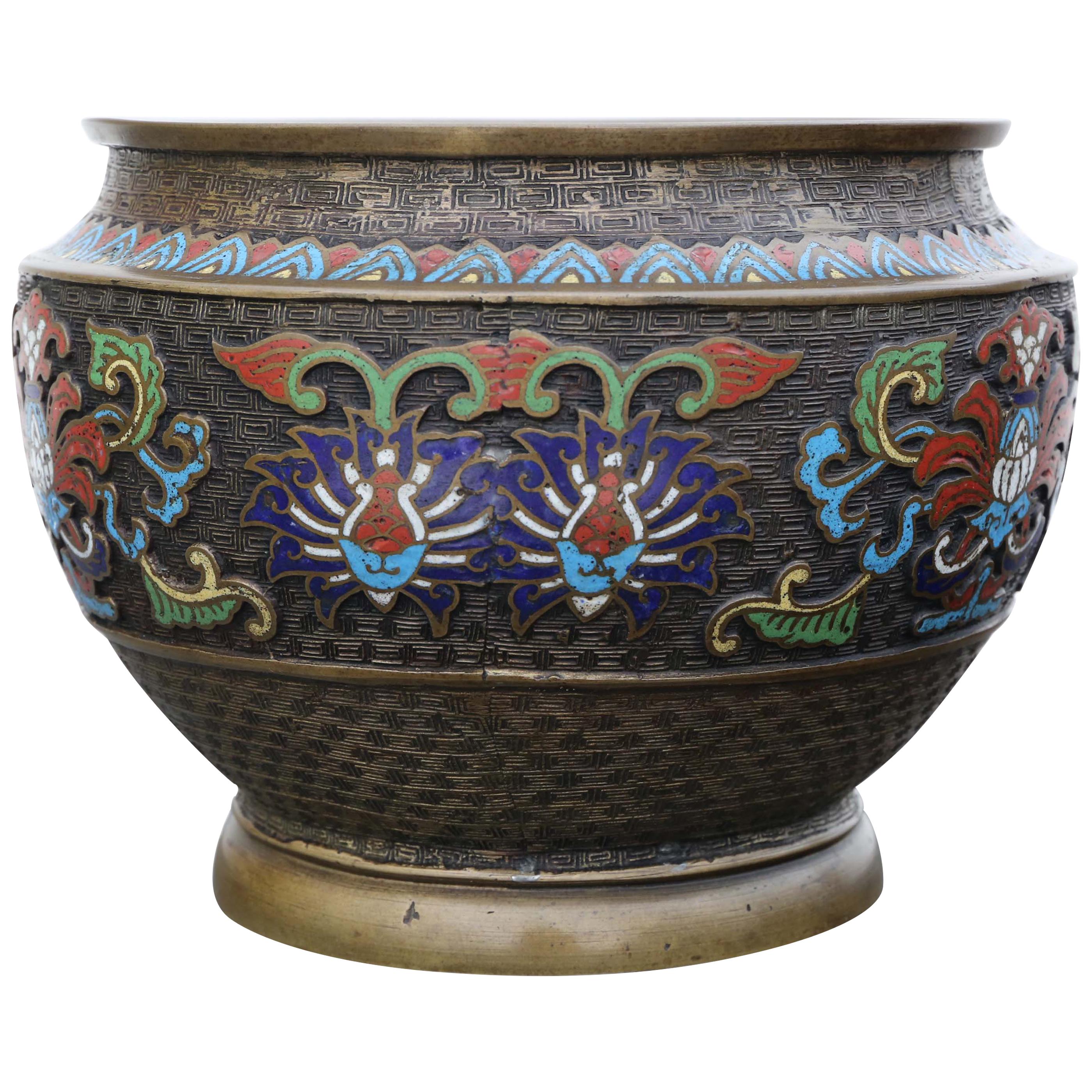 Antique Large Chinese Bronze Cloisonné Planter Bowl, Late 19th Century