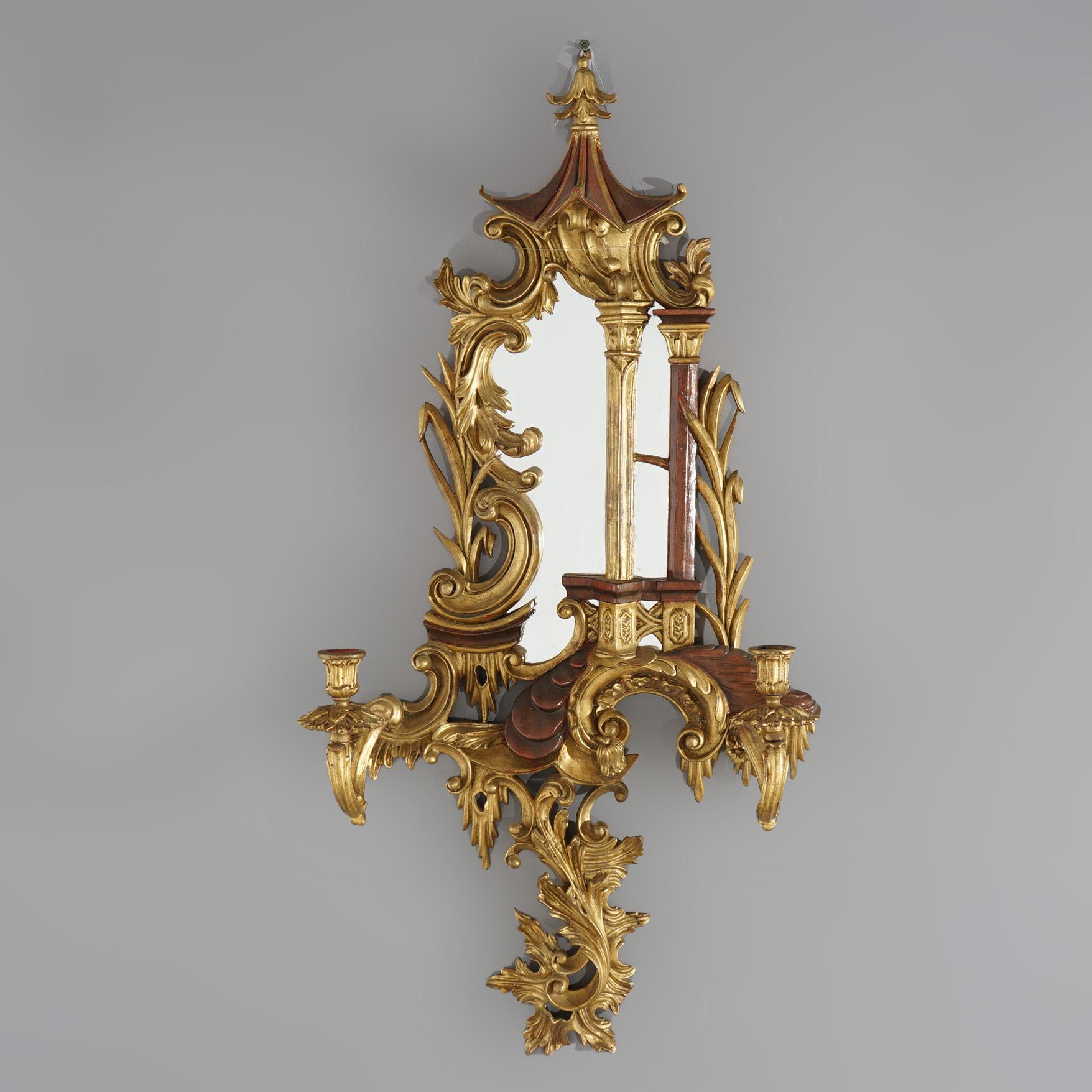 English Antique Large Chinese Chippendale Polychromed Giltwood & Mirrored Sconces c1920