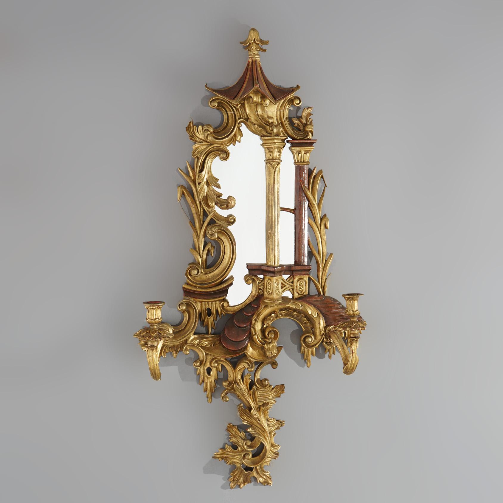 Antique Large Chinese Chippendale Polychromed Giltwood & Mirrored Sconces c1920 In Good Condition In Big Flats, NY
