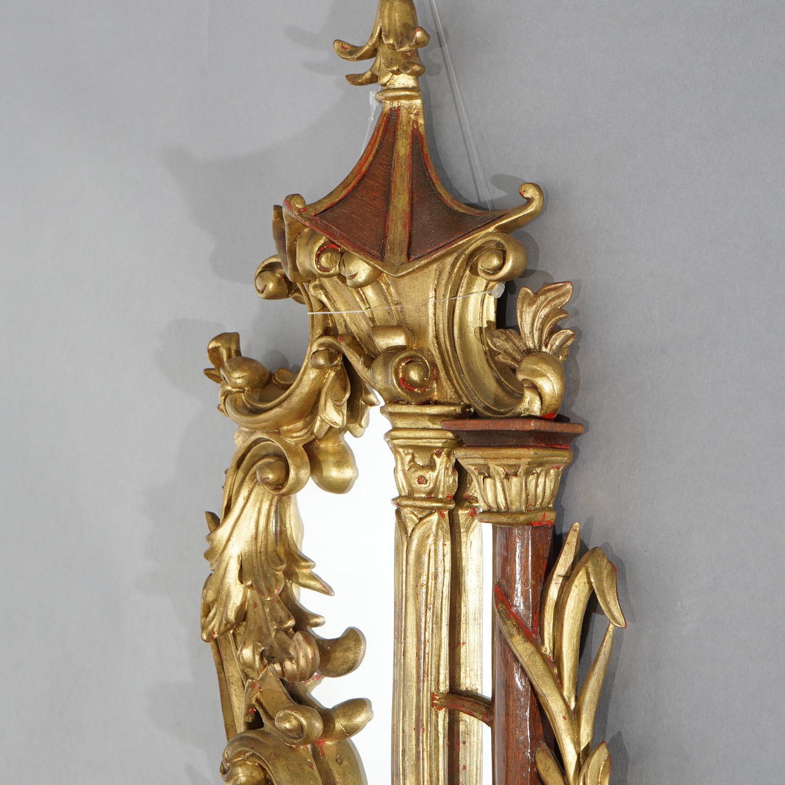 20th Century Antique Large Chinese Chippendale Polychromed Giltwood & Mirrored Sconces c1920