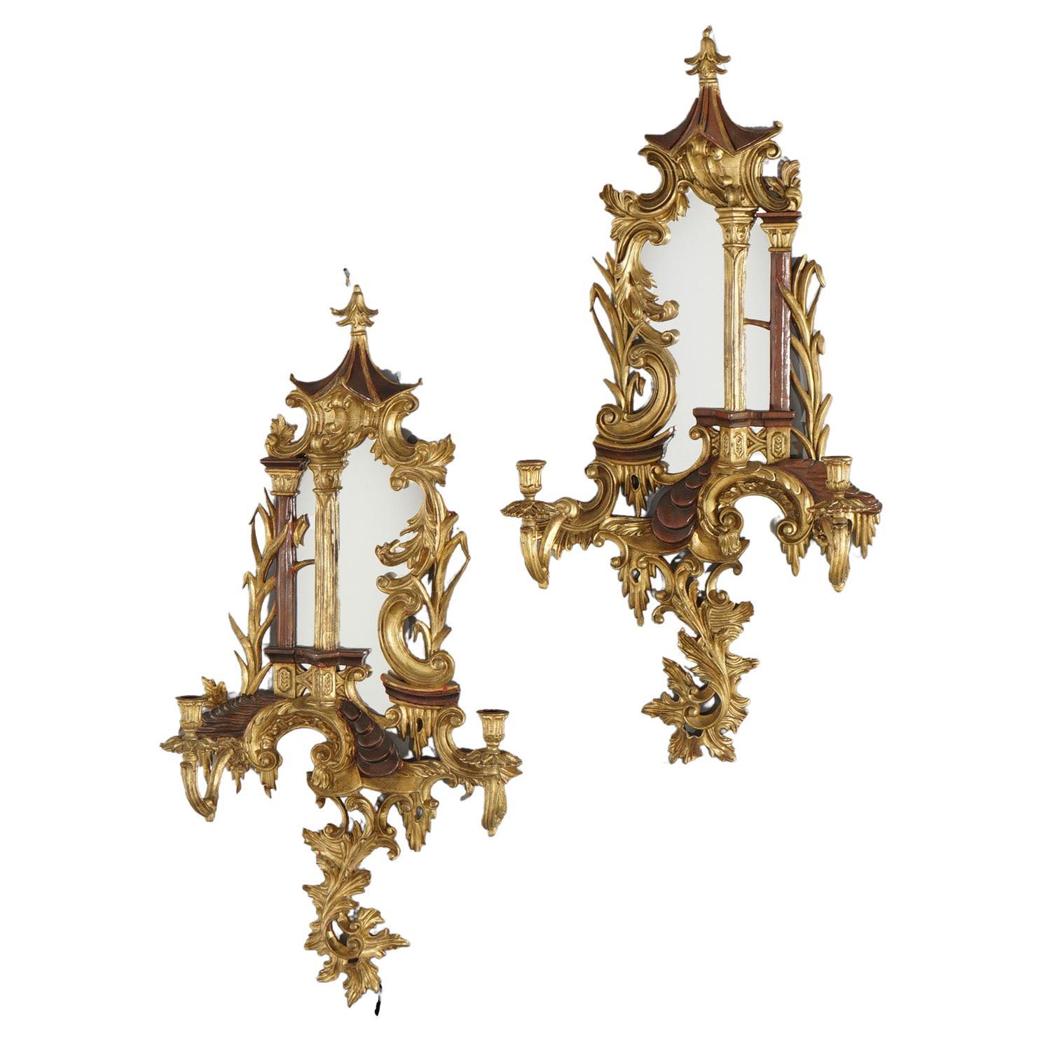 Antique Large Chinese Chippendale Polychromed Giltwood & Mirrored Sconces c1920