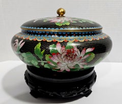 Antique Large Chinese Cloisonné Enamel Round Lidded Box on Fitted Wood Stand
