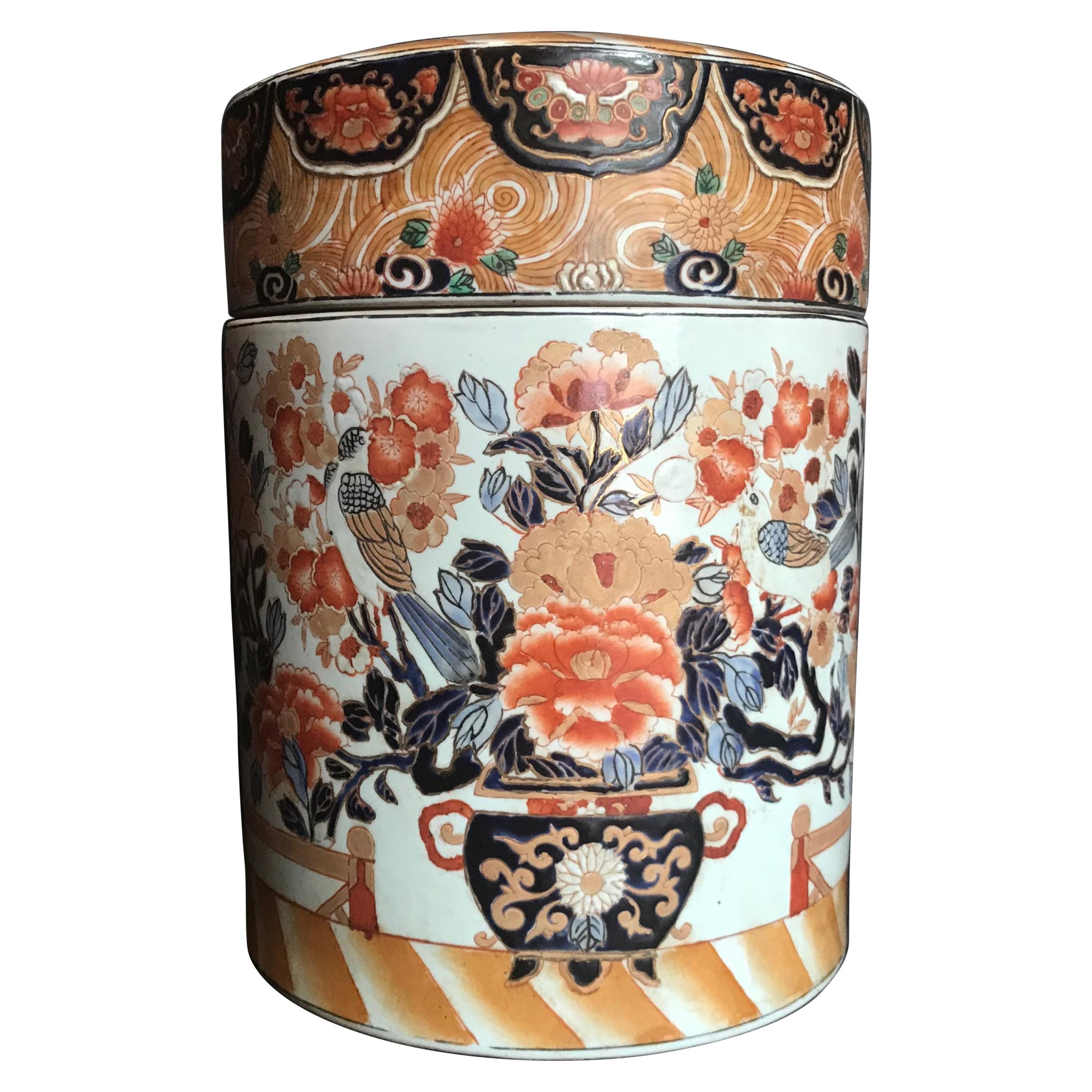 Antique Large Chinese Export Porcelain Cylindrical Lidded Ginger Jar