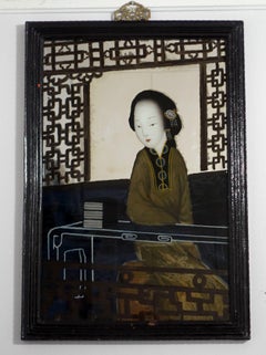 Antique Large Chinese Export Reverse Painting on Mirror