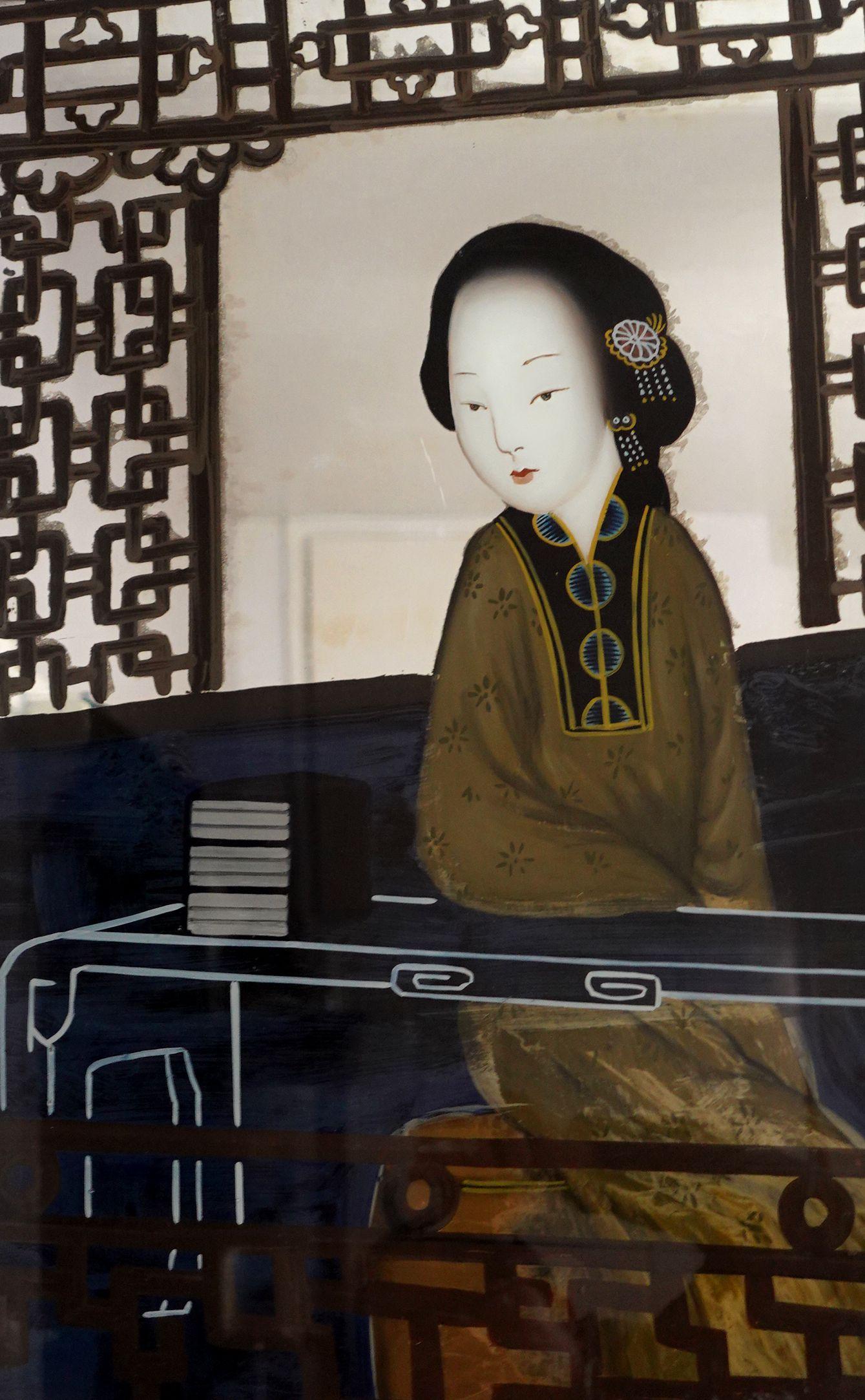 Antikes großes chinesisches Export-Reverse-Gemälde auf Spiegel (Chinesisch) im Angebot