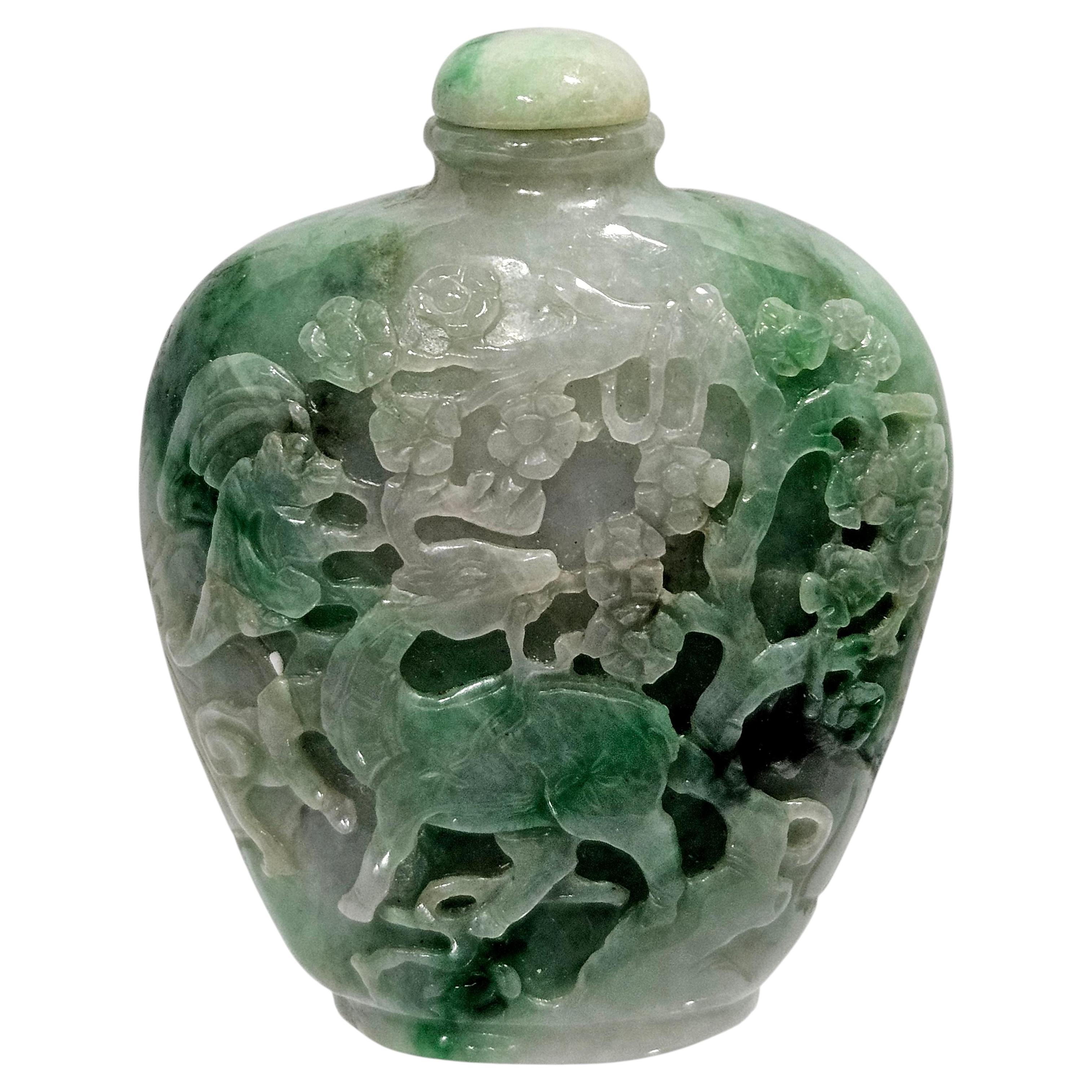 Antique Large Chinese Hand Carved Myanmar Natural Jadeite Snuff Bottle