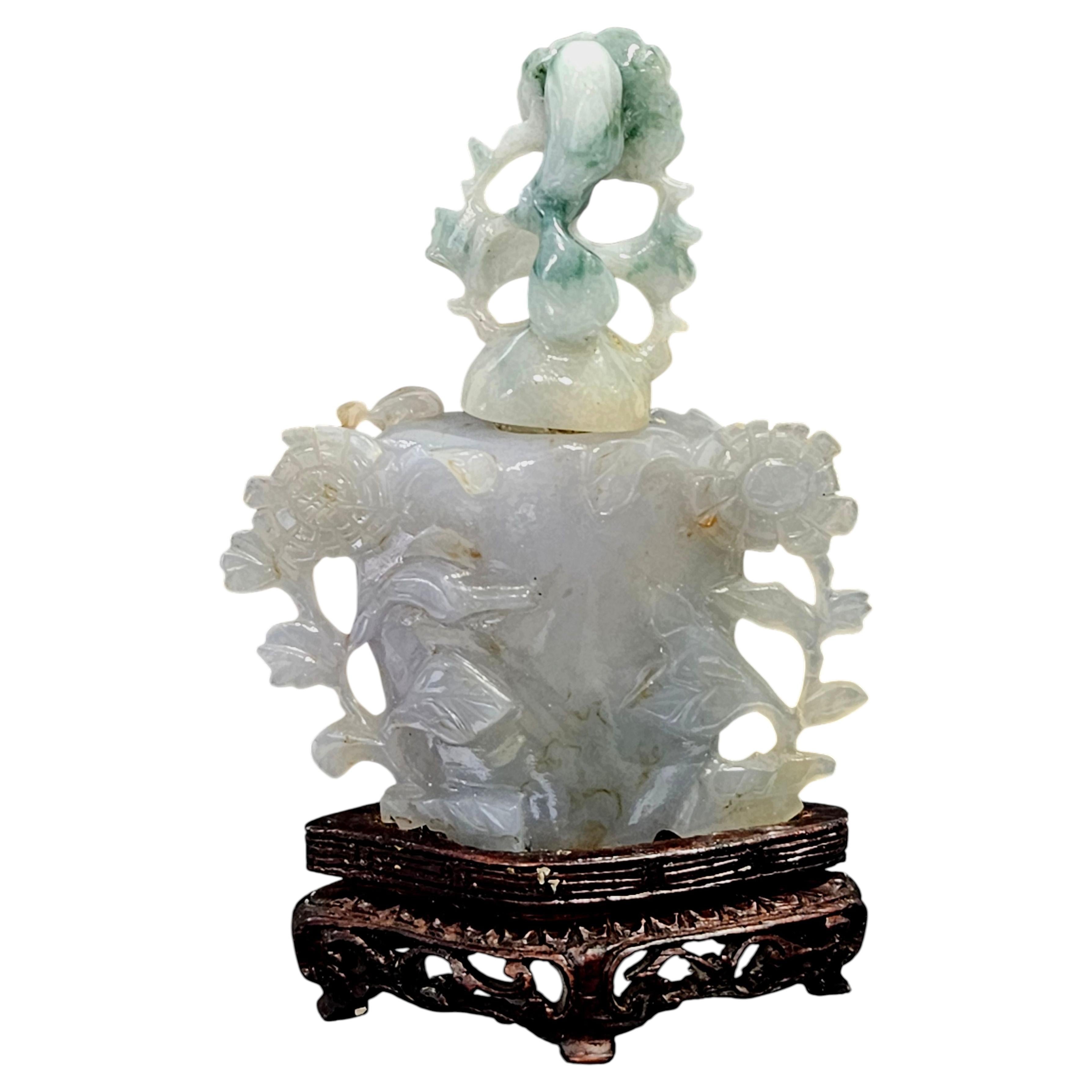 Antique Large Chinese Hand Carved Myanmar Natural Jadeite Snuff Bottle on Stand