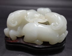 Antique Large Chinese Hetain White/G Jade Carved Group  "3 Rams" Early 20th C.