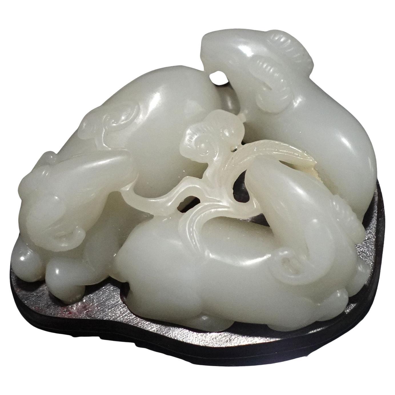 Antique Large Chinese Hetain White/G Jade Carved Group  "3 Rams" Early 20th C. For Sale