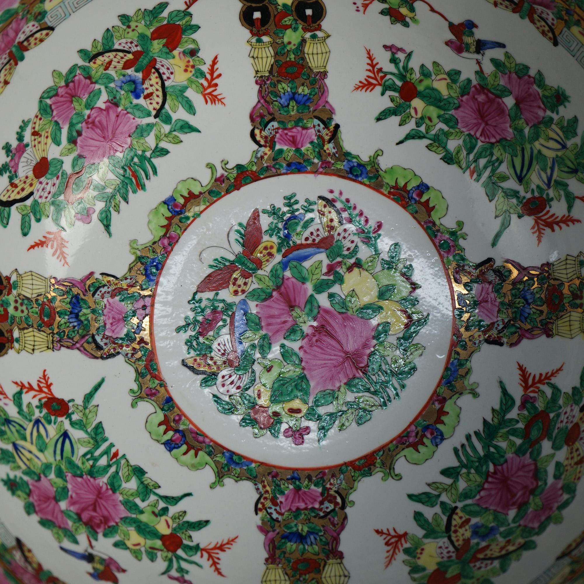 Antique Large Chinese Rose Medallion Porcelain Wash Bowl with Garden Scene & Butterflies 20thC

Measures - 7 1/2