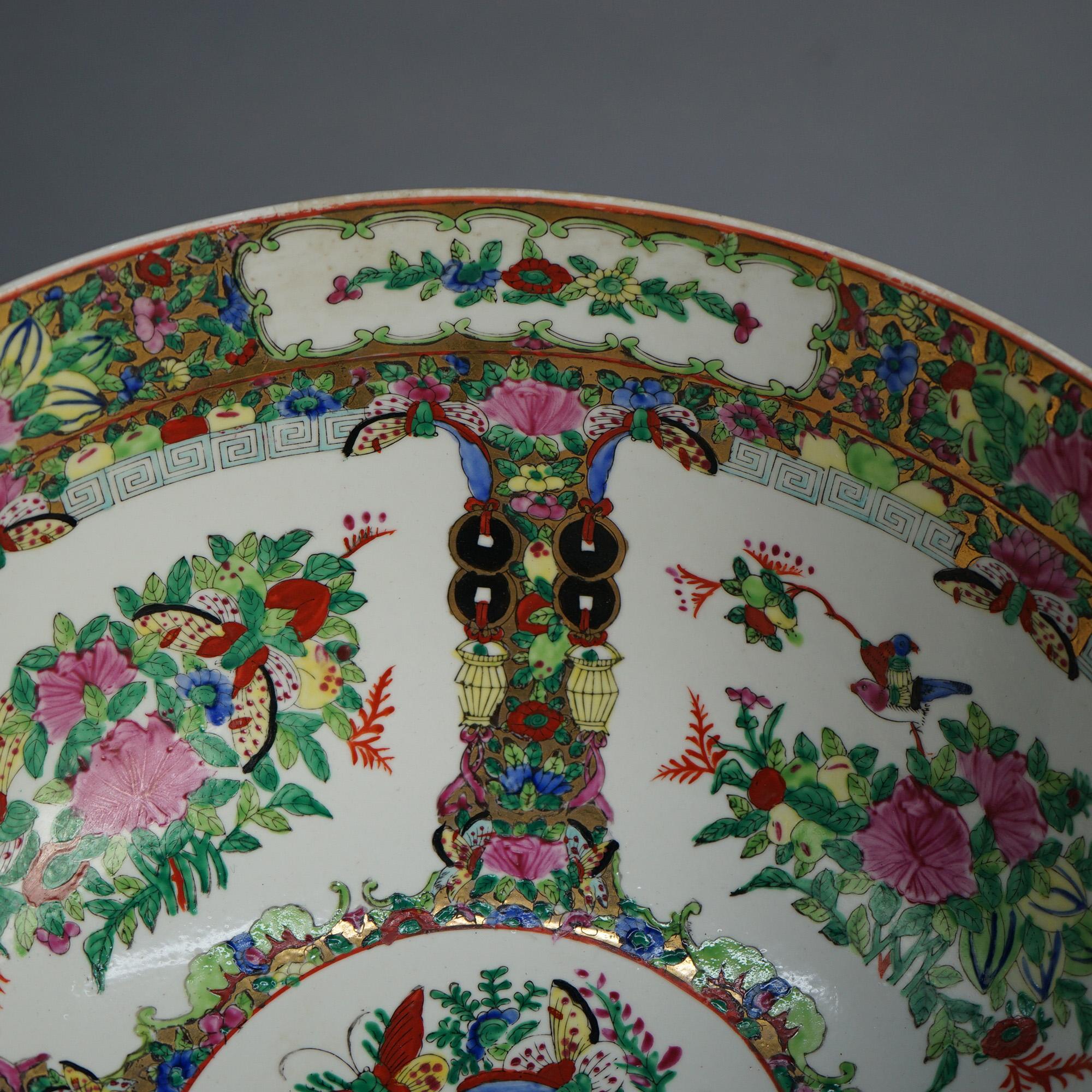Asian Antique Large Chinese Rose Medallion Porcelain Wash Bowl with Garden Scene 20thC For Sale