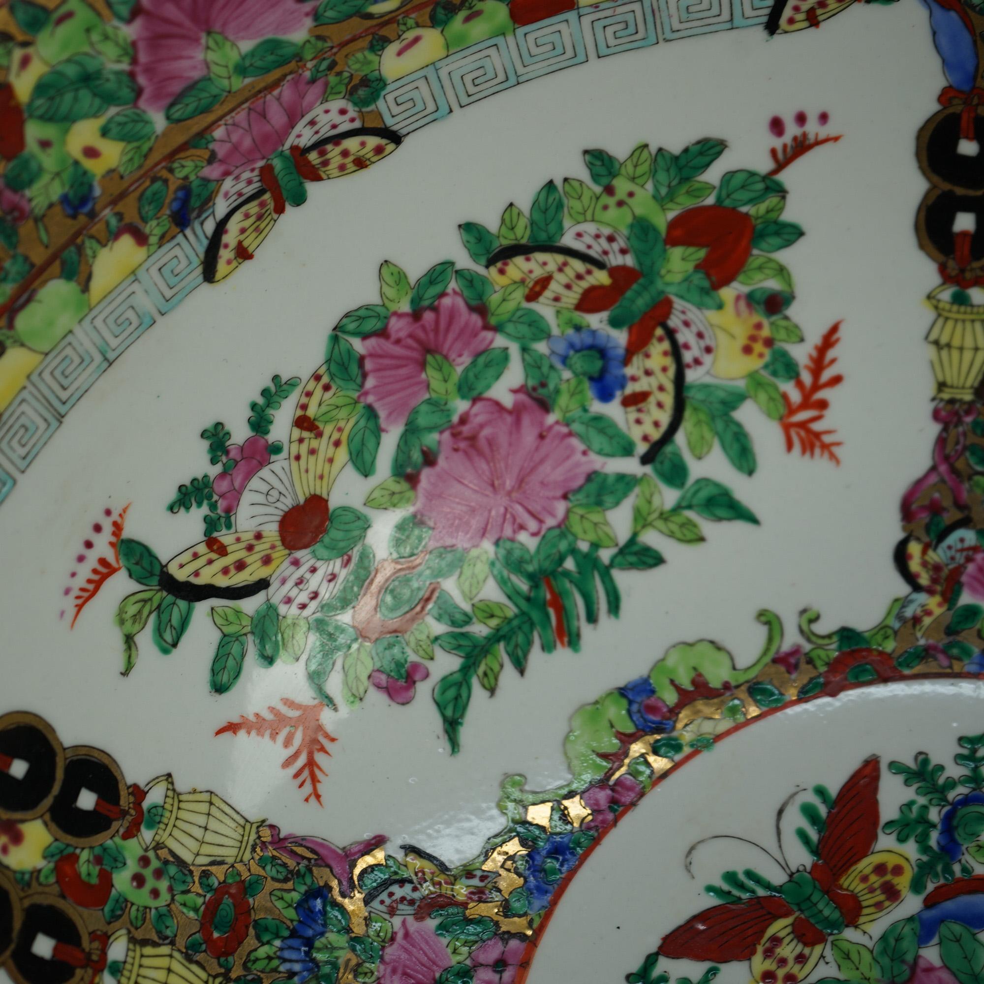 Antique Large Chinese Rose Medallion Porcelain Wash Bowl with Garden Scene 20thC In Good Condition For Sale In Big Flats, NY