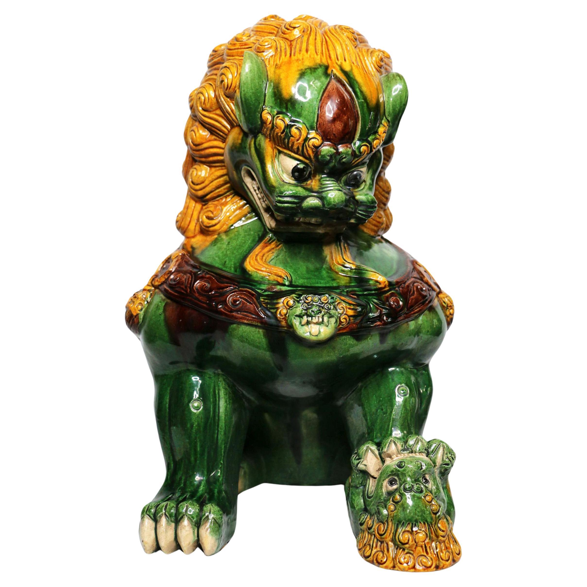 Antique Large Chinese Shanxi Glazed Ceramic Foo Dog For Sale