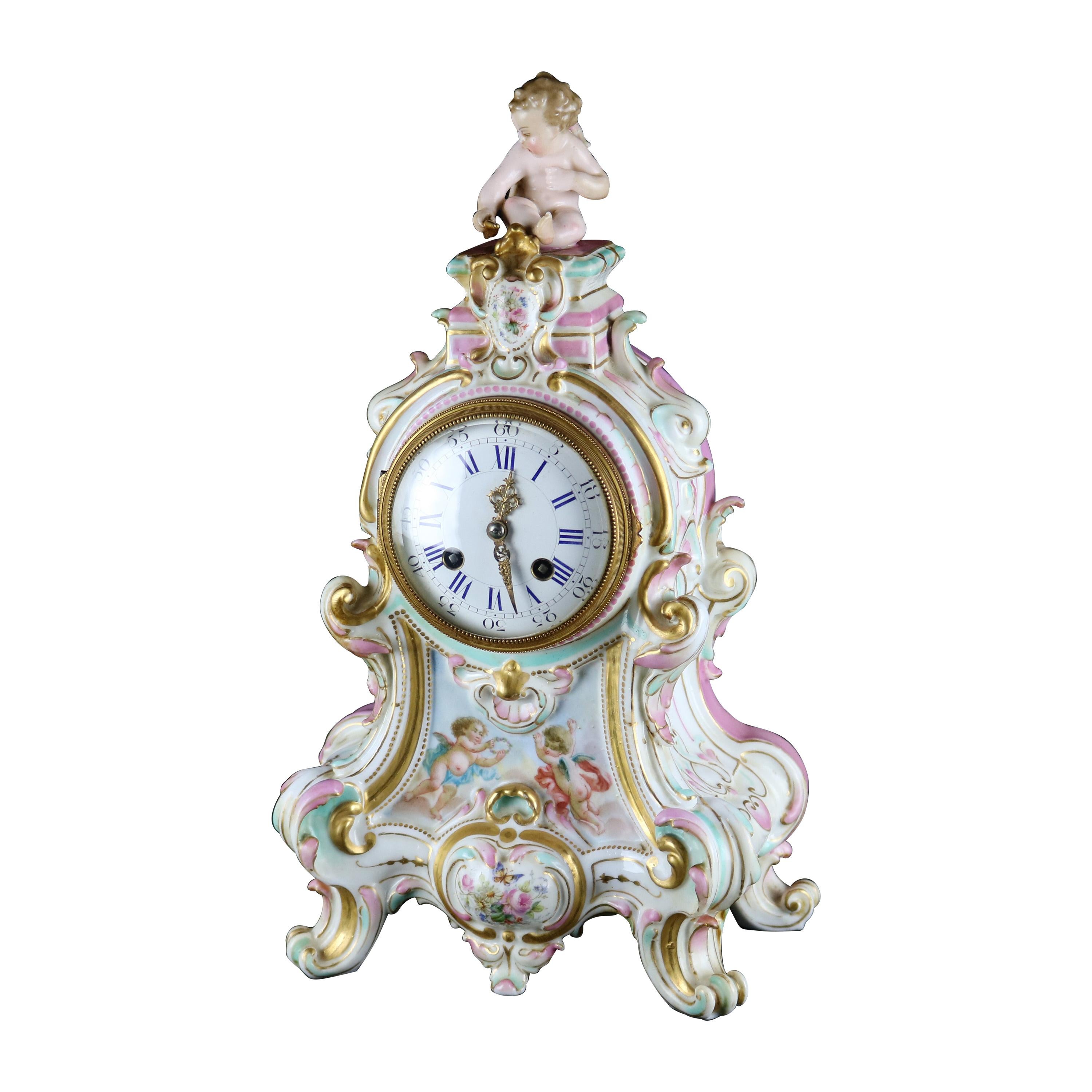 Antique Large Cupid German Meissen School Porcelain Clock, Fenon Paris, c1890